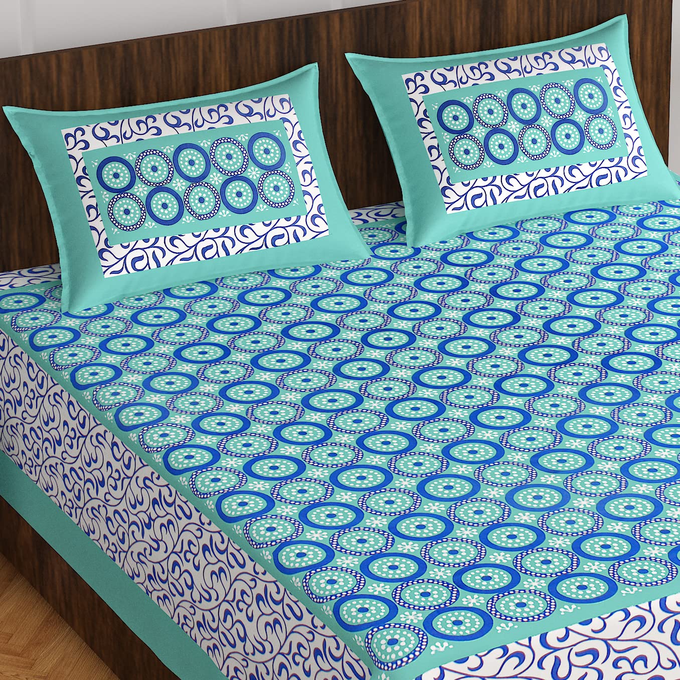 Ealth Kart Cotton Traditional Jaipuri Printed Bedsheet for Double Bed King Size with 2 Pillow Covers - (C-Green)