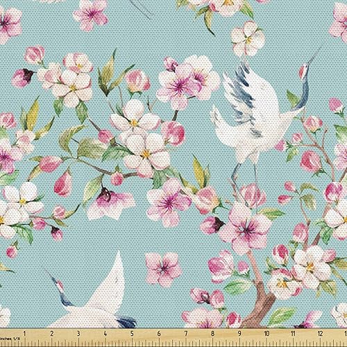 Vista 63 de Ambesonne Tela beige de The Yard, ilustración contemporánea de animales marinos en estilo retro, arte de caballito de mar de cangrejo de pulpo, tela