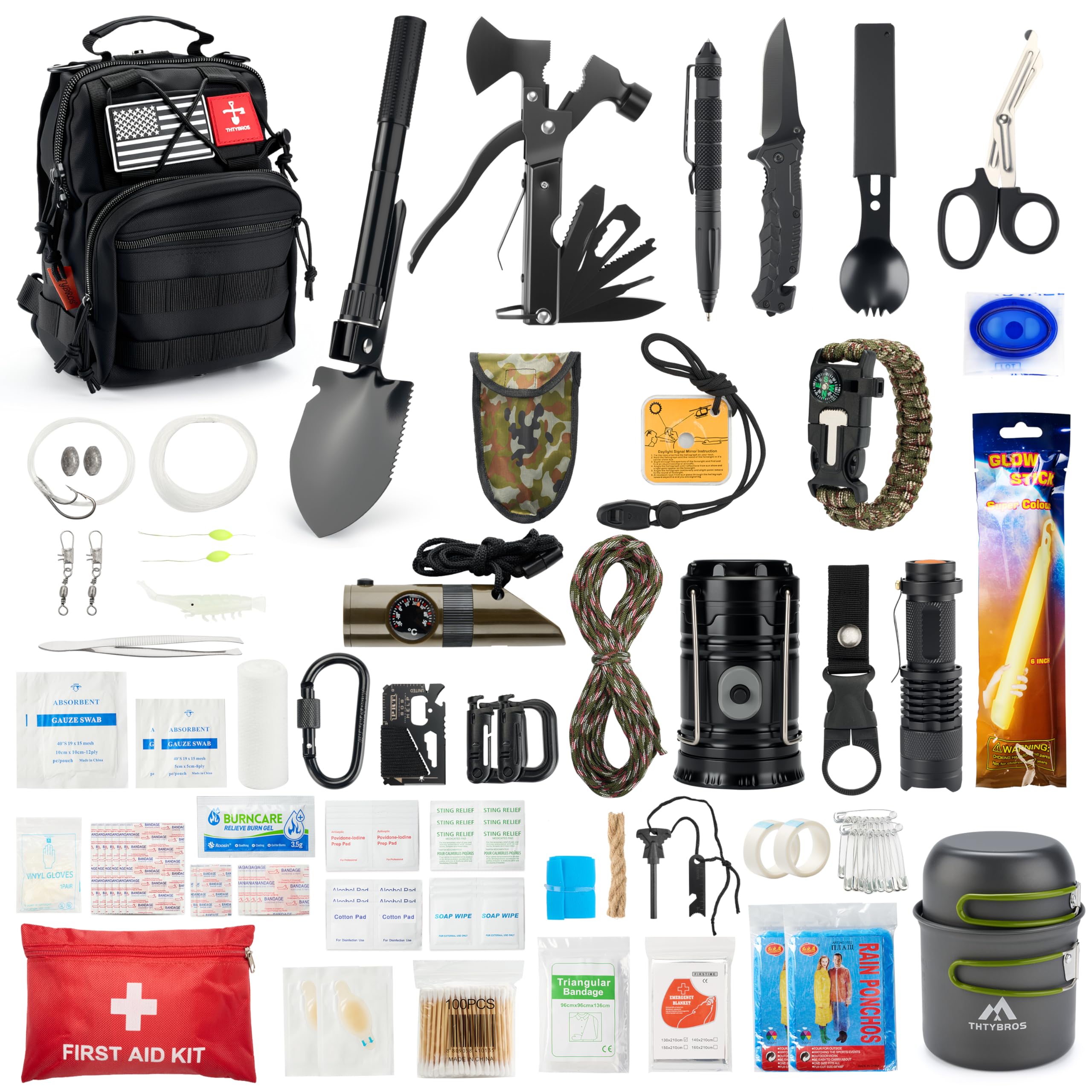 Survival Kit, 246Pcs Emergency Survival Gear with First Aid Kit, Tactical Bag, Camping Axe, Folding Shovel & Solo Camping Pot, Bug Out Bag for Camping Hiking Earthquake Preparedness Gifts for Men