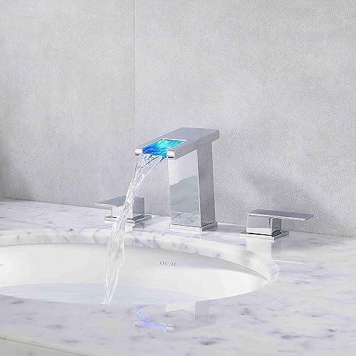 Miniatura 6 de Grifo generalizado con luz LED para cromo de 3 agujeros, 8 pulgadas, grifo de baño moderno de cascada con drenaje desplegable y manguera de