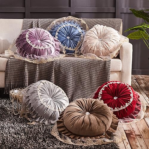 Miniatura 3 de Cojín redondo de terciopelo plisado relleno europeo de calabaza de color sólido almohada de piso decorativa para el hogar silla sofá (lac, camello)