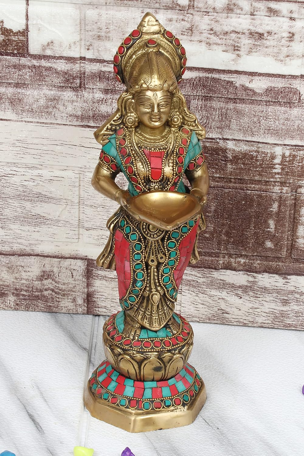 ARTVARKO™ Paavai Vilakku Diya Brass Multicolor Stone Handwork Welcome Lady Laxmi Deepluxmi Puja Decorations Indian Diwali Oil Lamp Pooja Light Lamps Mandir Home Décor Lamps 13 Inch