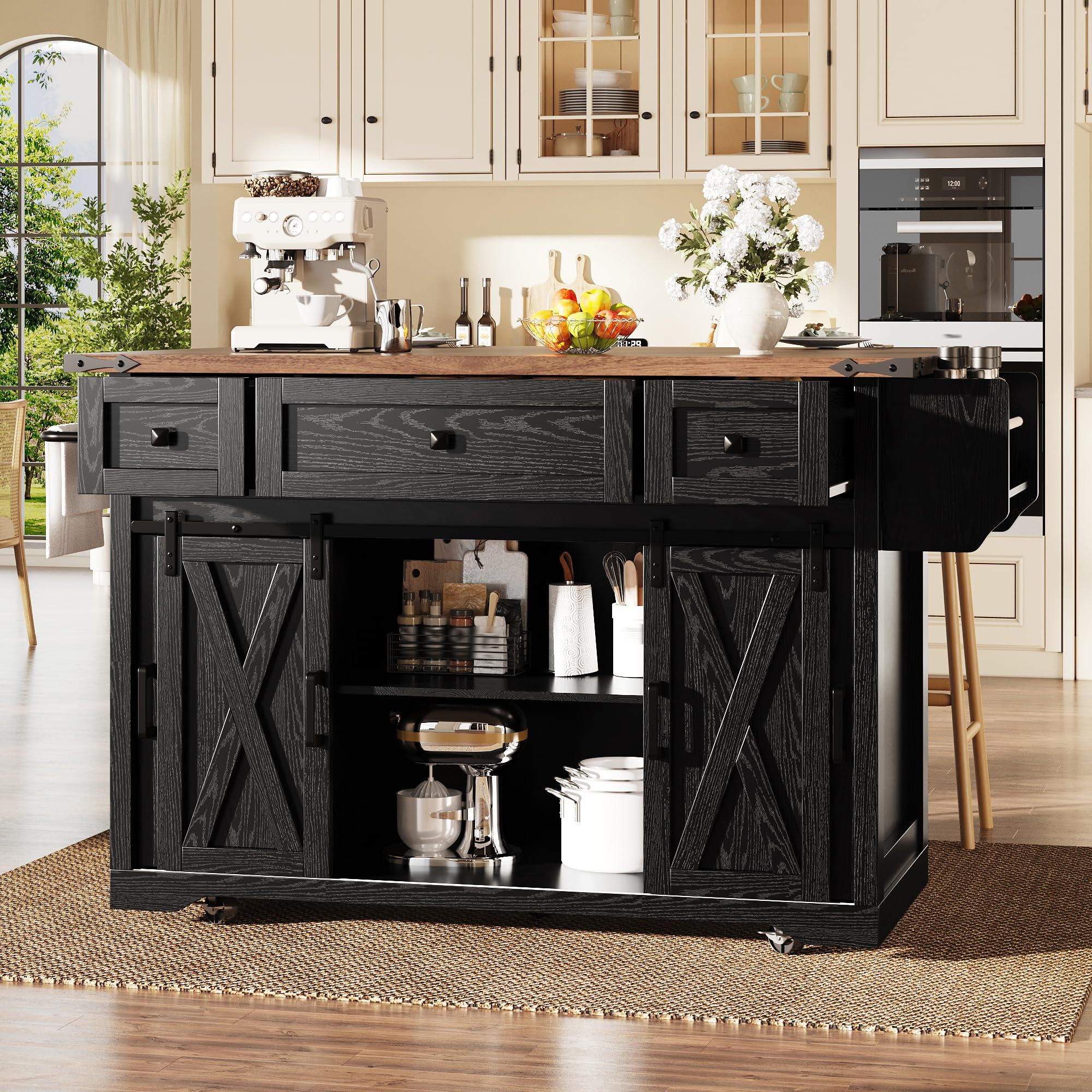 Carrello a isola da cucina con piano di lavoro estraibile, altezza di lavoro 91 cm, bianco/nero, portata fino a 75 kg