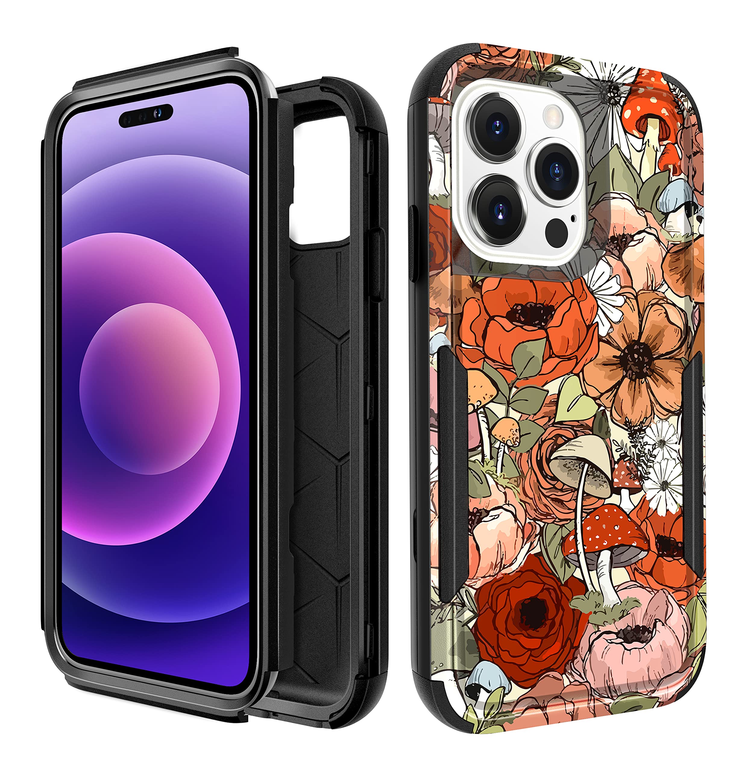 Plakill for iPhone 14 Pro Max Heavy Duty Case Protective Retro Vintage Flowers Drop Tested Cute Floral Cases for Women Girls Shockproof Protection