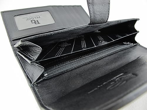 Miniatura 5 de Cartera de embrague triple de piel de mantarraya pulida genuina para mujer, Negro -, Cartera de embrague triple con rayas pulidas