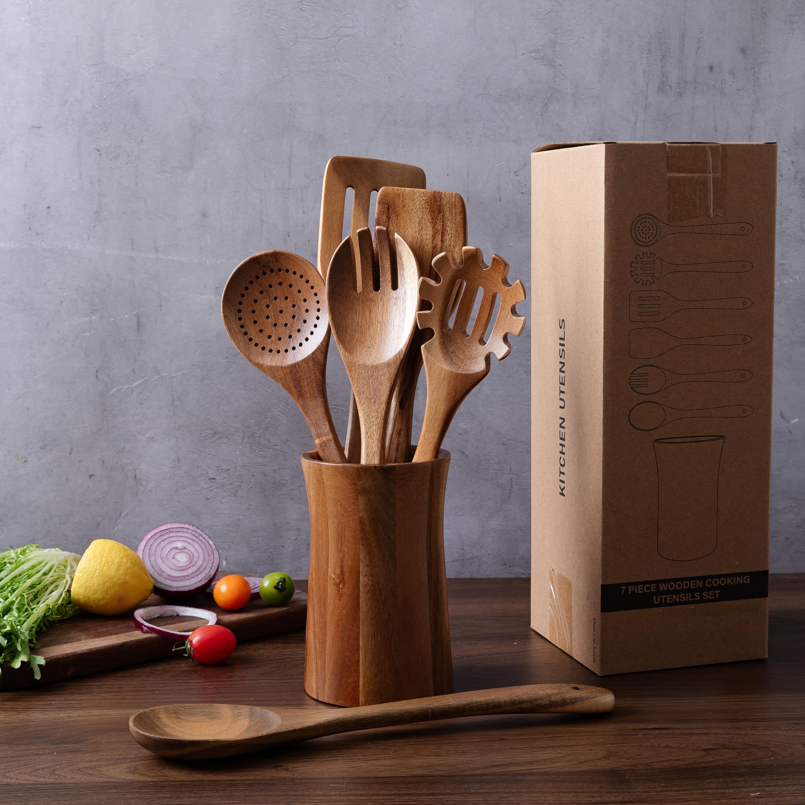 7-teiliges Küchenhelfer-Set aus natürlichem Akazienholz mit Halter – Holzlöffel und Gabel zum Kochen, Komfortgriff, Kochlöffel, Spatel, Sieblöffel, Salatgabel, Rührlöffel und Utensilienhalter