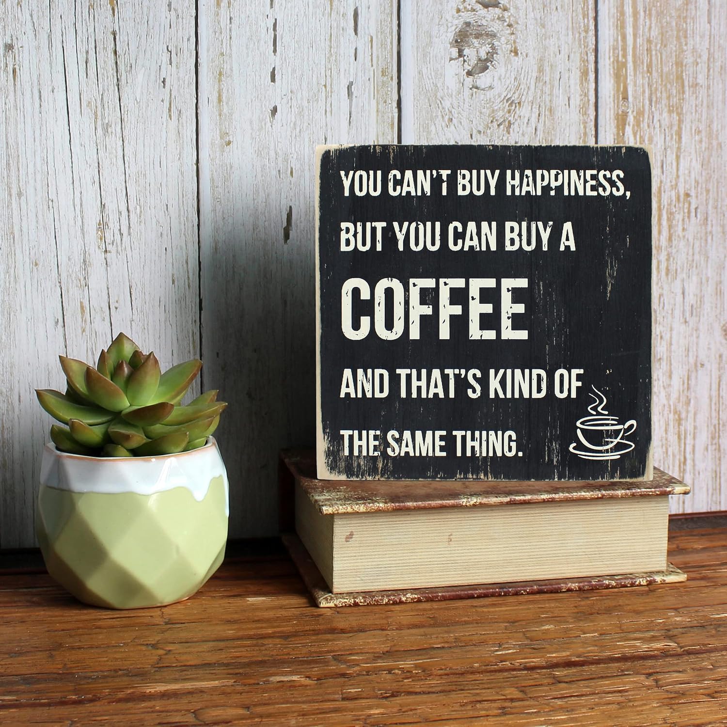 ARTGIFTHOU Farmhouse Distressed Wood Box Sign Vintage Signs Decor for Home Wall/Tabletop/Shelf/Office Decoration Art, Happiness & Coffee image 4