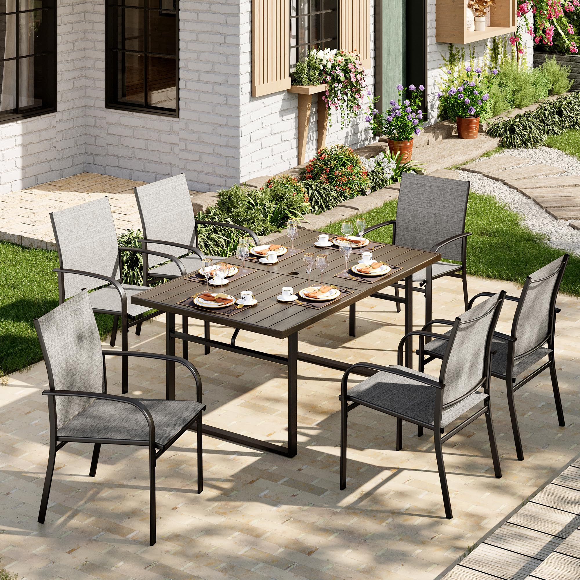 7-Piece Outdoor Dining Set 6 Brown Textilene Chairs and Steel Tabletop with Wood Grain Rectangle Table for Deck Garden Backyard Lawn Poolside