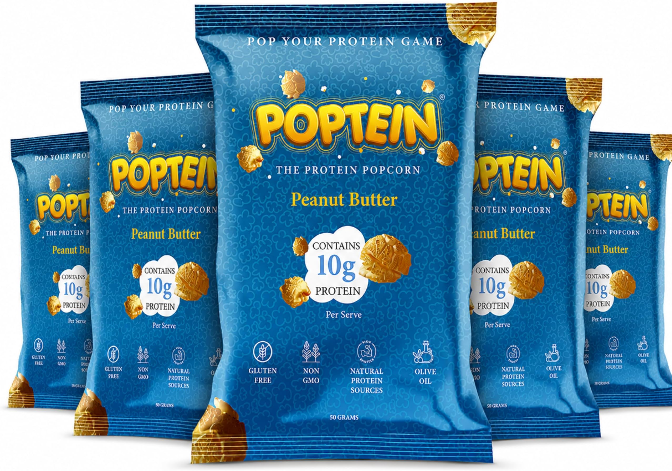 POPTEIN™ Protein Popcorn Peanut Butter | Pack of 5 x 50g | 10g Protein Per Serve | Ready to Eat High Protein Healthy Snacks | Gym Snack | Popped in Olive Oil Gluten Free & Non-GMO