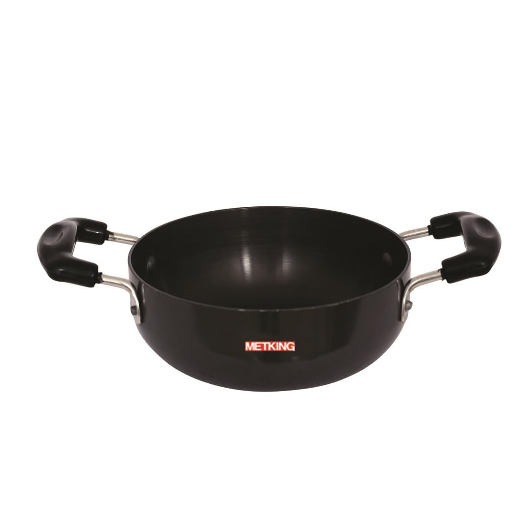 METKING Hard Anodised Kadhai for deep Frying - Black Anodized Aluminium Cookware - 3.5 Litre - 26.5 cm Diameter