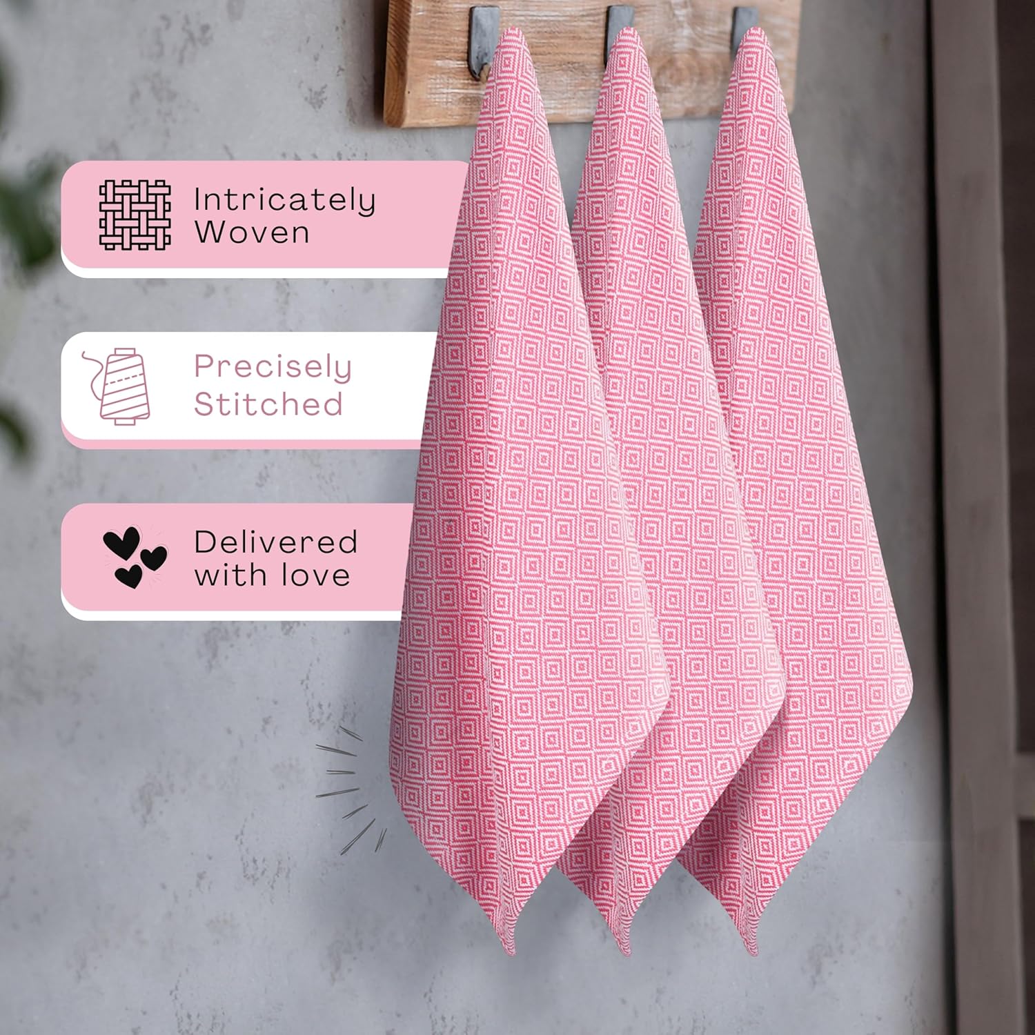 Pink Kitchen Towels 5 Pack, Ultra Absorbent, Diamond Weave Durable Towel Set, 100% Cotton, Reusable, Quick Dry Dish Towels for Cleaning Counters, Drying Dishes, Everyday Cleanup