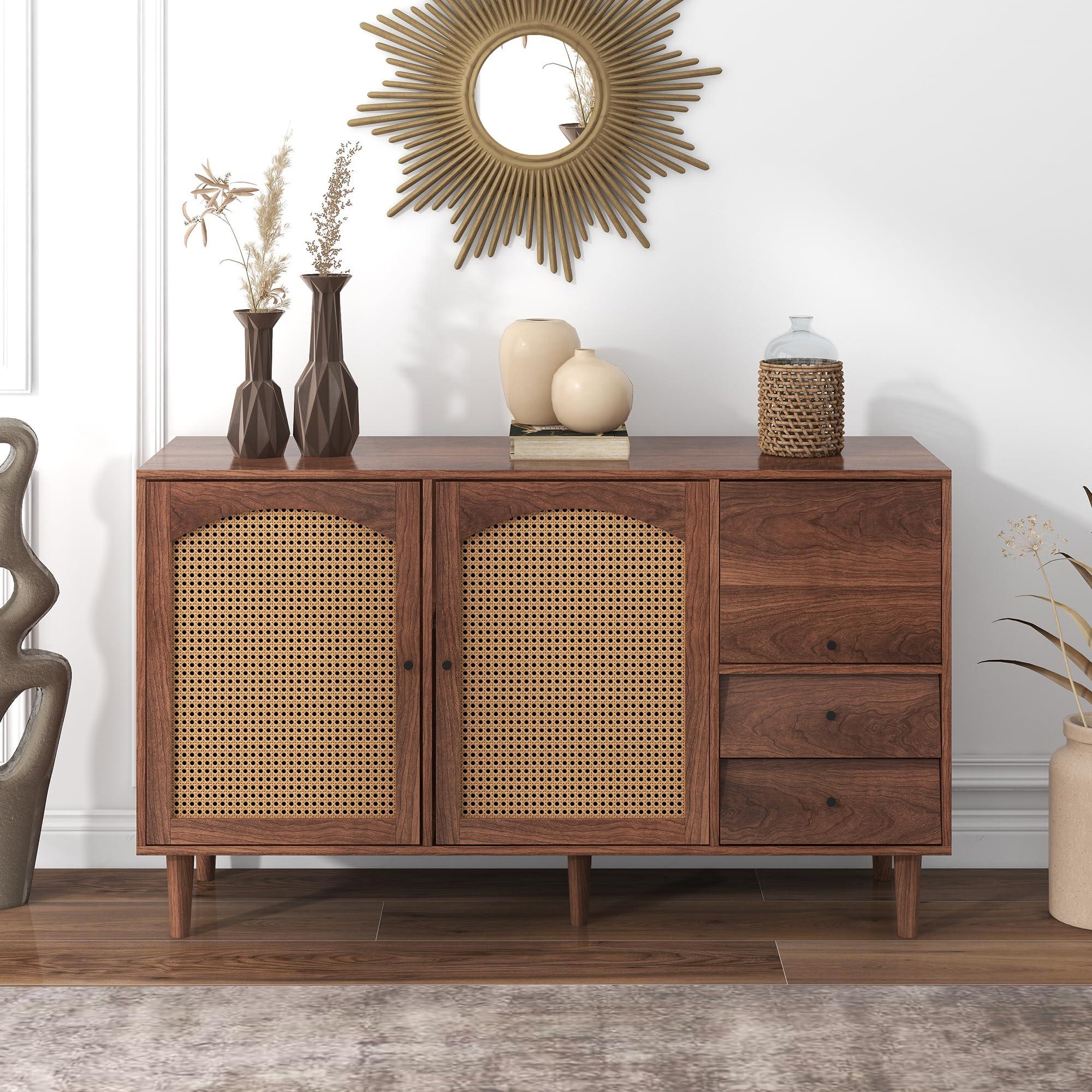 HOMCOM Opbergkast, Flexibel Dressoir Met Rotan-Deuren, Laden En Verstelbare Planken, 80B X 40D X 120h Cm~1rj0ip559jg00