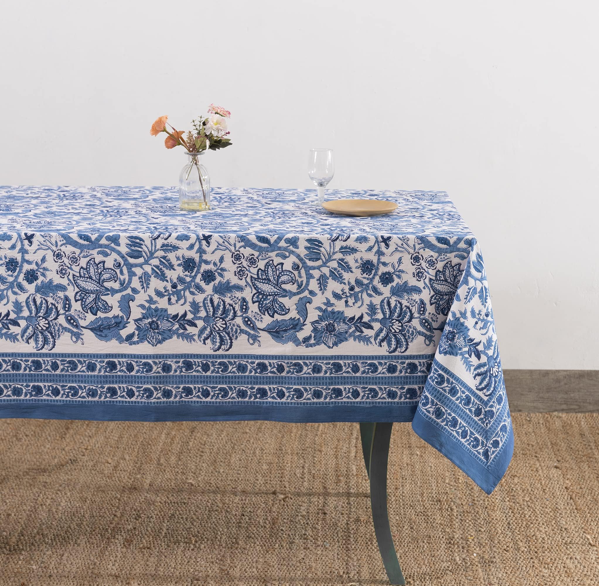Labhanshi Indian Handblock Print Table Cloth|Ethnic Rectangle 72x108 Inch Floral Cotton 8-Seater Spring Easter Table Cover for Kitchen Dining Table Buffet Outdoor Tea Parties and Camping|Blue