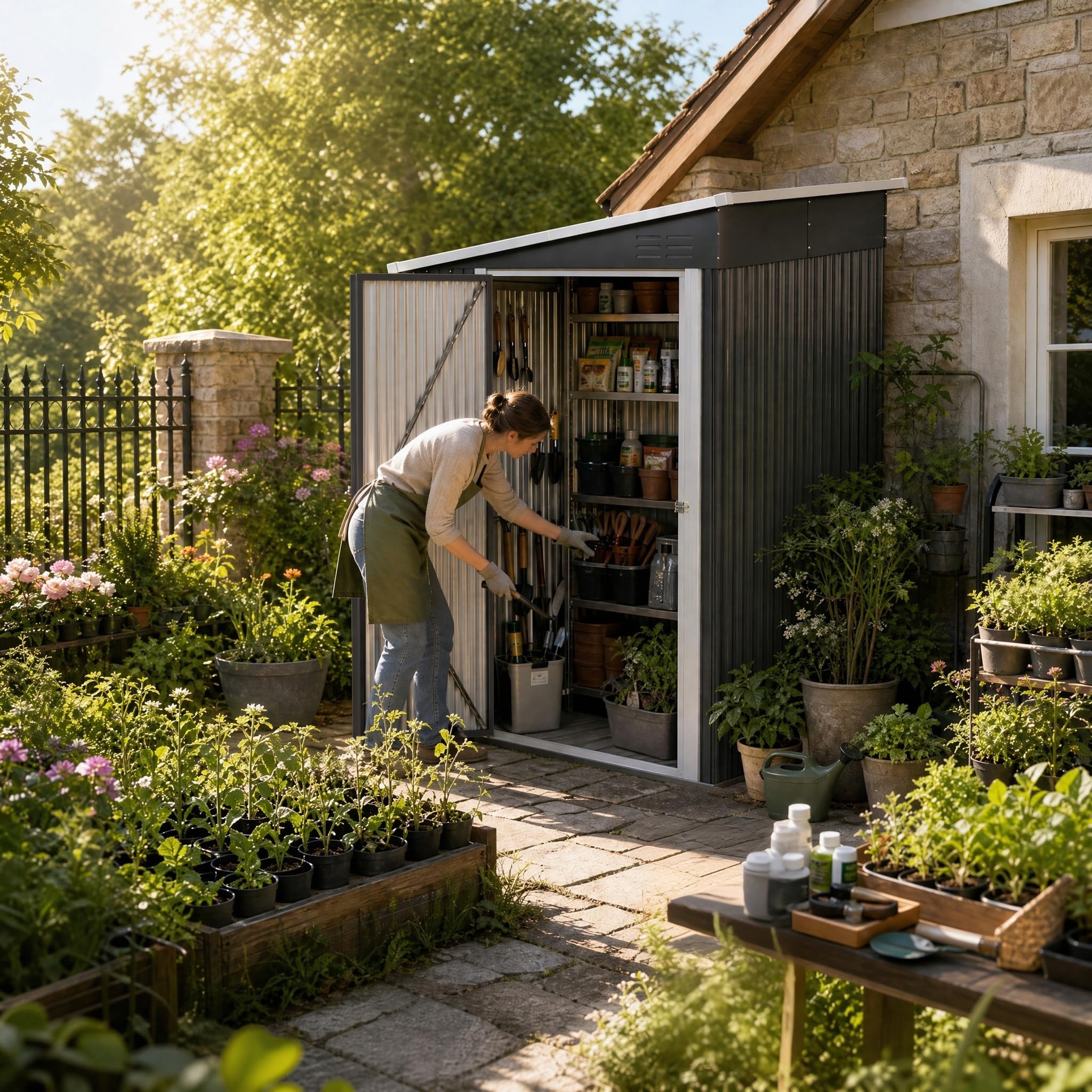 UISEBRT Capanno in metallo, 4 m³, 192 x 132 x 185 cm, resistente alle intemperie, con tetto inclinato e aperture di ventilazione, casetta da giardino chiudibile per attrezzi da giardino, attrezzi e