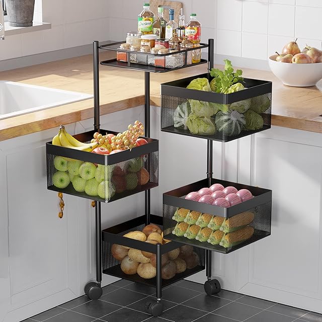 COVAODQ rotating storage racksquare rotating vegetable rack Rotating Storage Shelves for Kitchen Swivel storage rack with removable rollers(4-Tier)