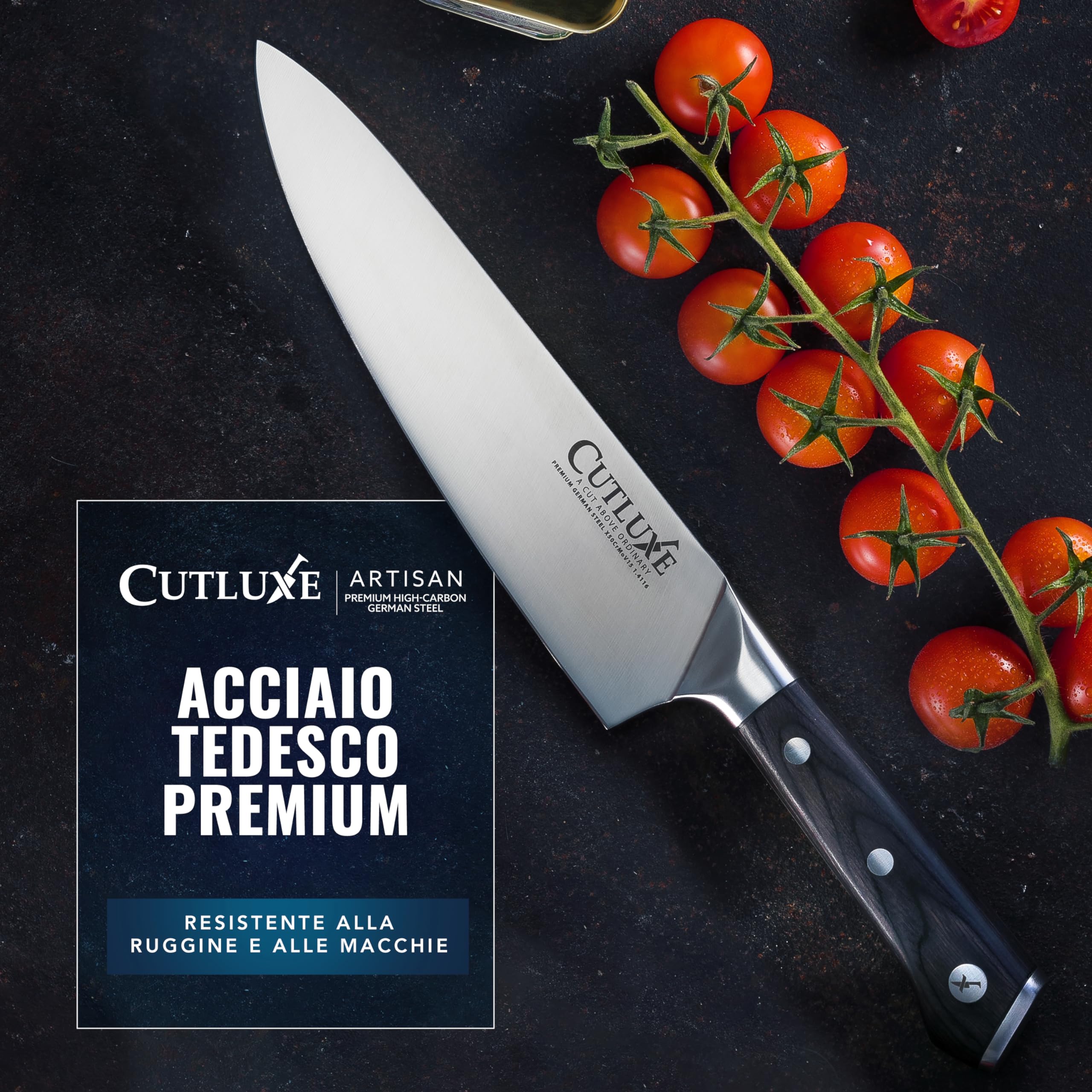 Cutluxe Set 5 Coltelli da Cucina – Acciaio Tedesco, Codolo Intero | Chef 20cm, santoku 18cm, utility 14cm e intaglio 23cm; filo affilato a mano; manico ergonomico