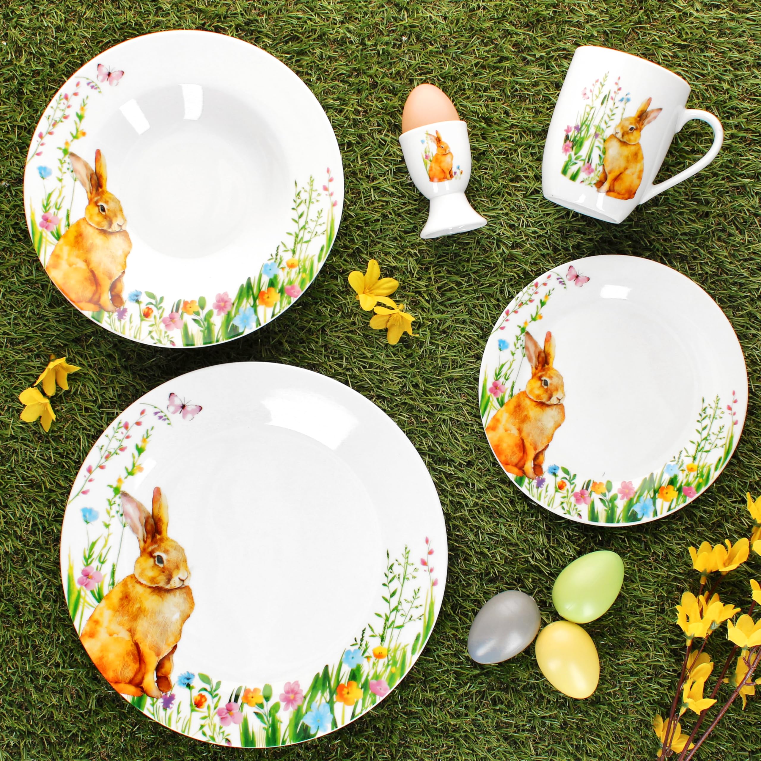MamboCat 30-częściowy zestaw śniadaniowy Osterfreude I wiosenny porcelanowy zestaw naczyń z dekoracją zajączka wielkanocnego dla 6 osób I po 6 kieliszków do jajek, kubków, talerzy do ciasta, talerzy