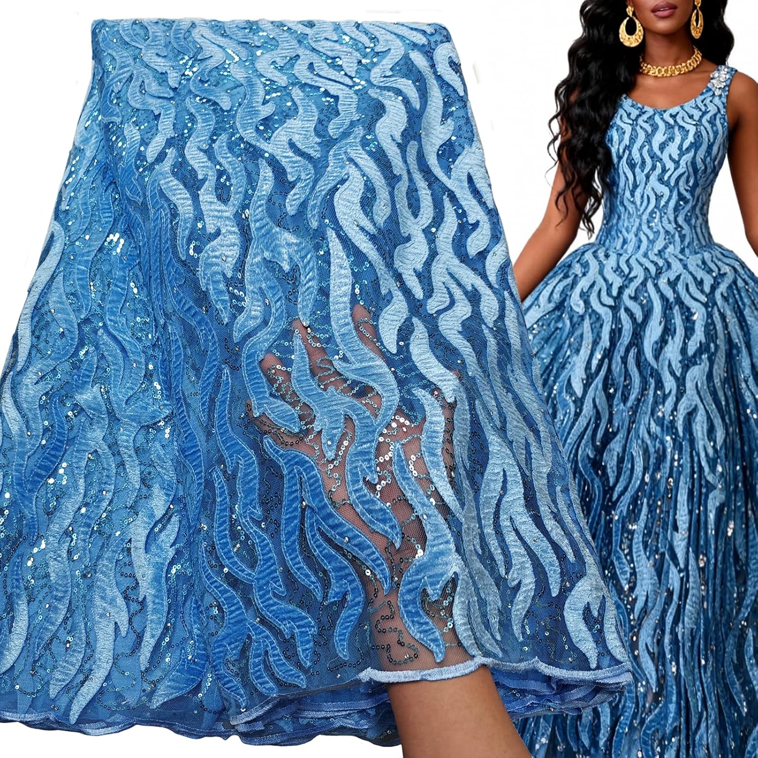 Bestway Lace Soft African Lace Fabric 5 Yards Fashion Floral Velvet Sequence French Tulle Nigerian Wedding Party Dress Sewing Material (Light Sky Blue)