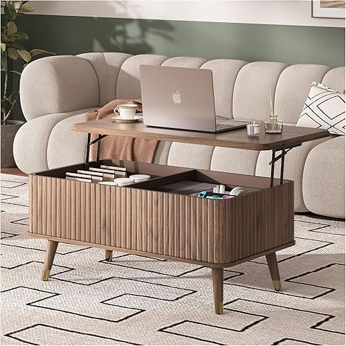 Miniatura 21 de SULIVES Mesa de centro redonda con almacenamiento, mesa de centro moderna de mediados de siglo con puerta corredera, mesa central acanalada con