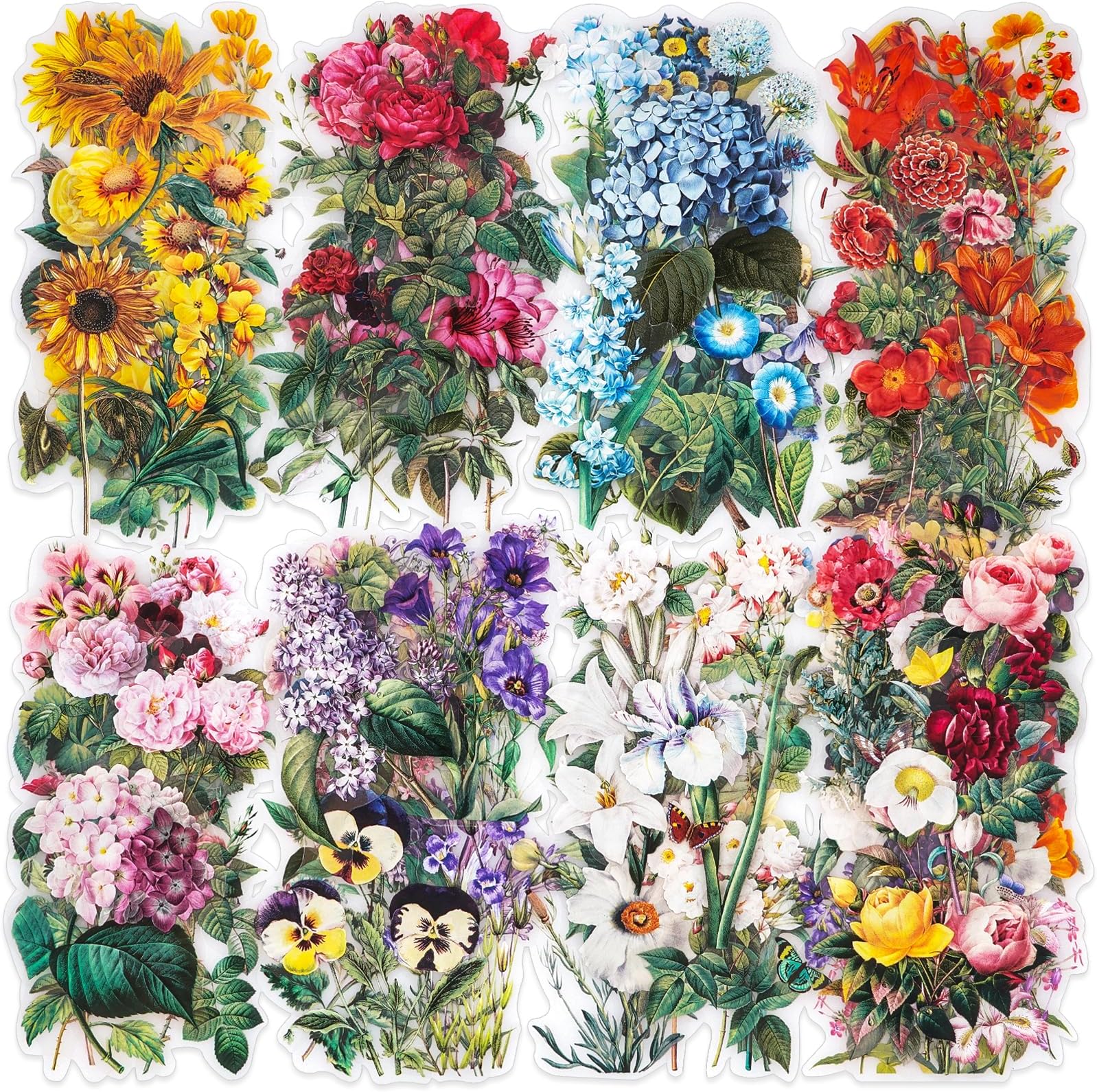 Knaid 100 Pieces Vintage Flower Stickers Set - Big 3.4" Waterproof Clear Botanical Floral Journaling Sticker for Scrapbooking Junk Journal Supplies Bullet Journals Planner Collage Laptop Paper Crafts