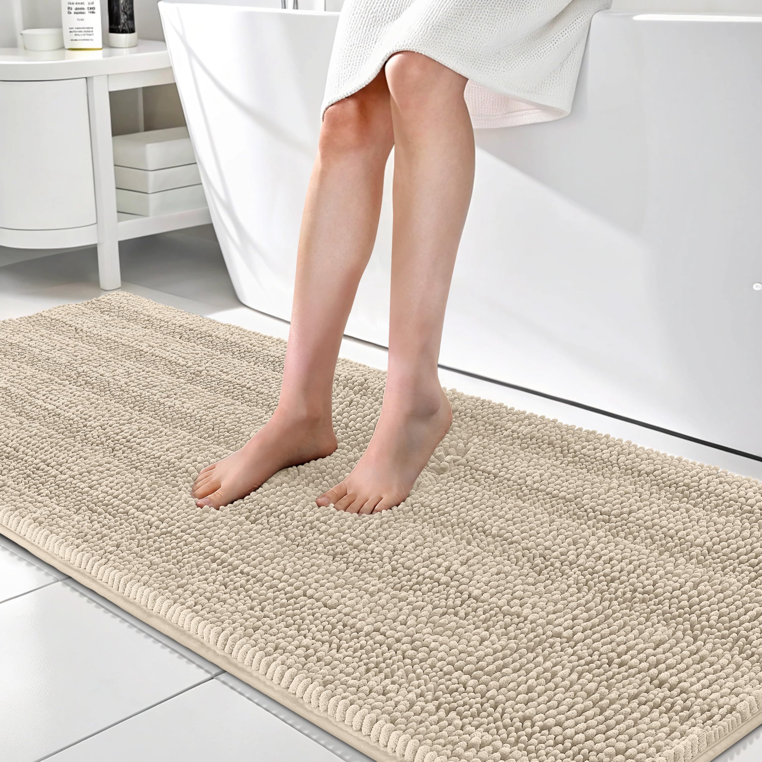 OLANLY Thick Bathroom Runner Rugs 70x24, Soft Chenille Long Bath Rugs, Sand
