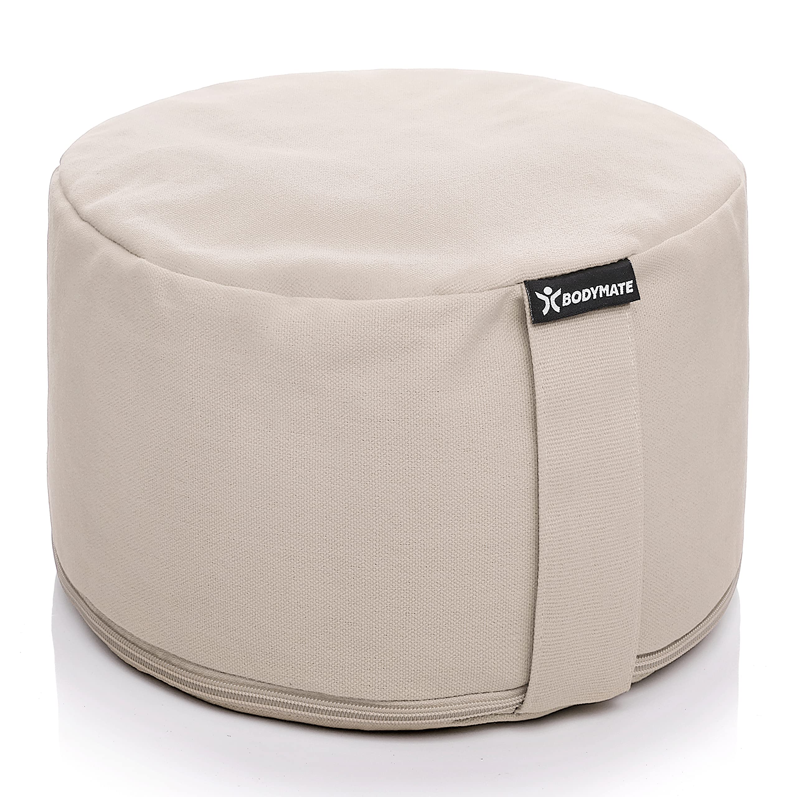 BODYMATE Extra-Hohes Yogakissen rund 31cm Durchmesser 20cm hoch Beige, Buchweizen-Spelz Füllung, Maschinenwaschbarer Bezug aus 100% extra dicker Baumwolle, Meditationskissen, Sitzkissen, Bodenkissen