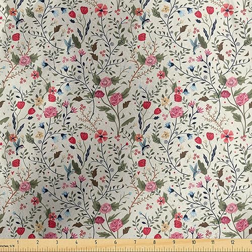 Ambesonne Floral Fabric by The Yard, Colorful Spring Growth Composition with Blossoming Flowers Roses Tulips and Daisies, Decorative Satin Fabric