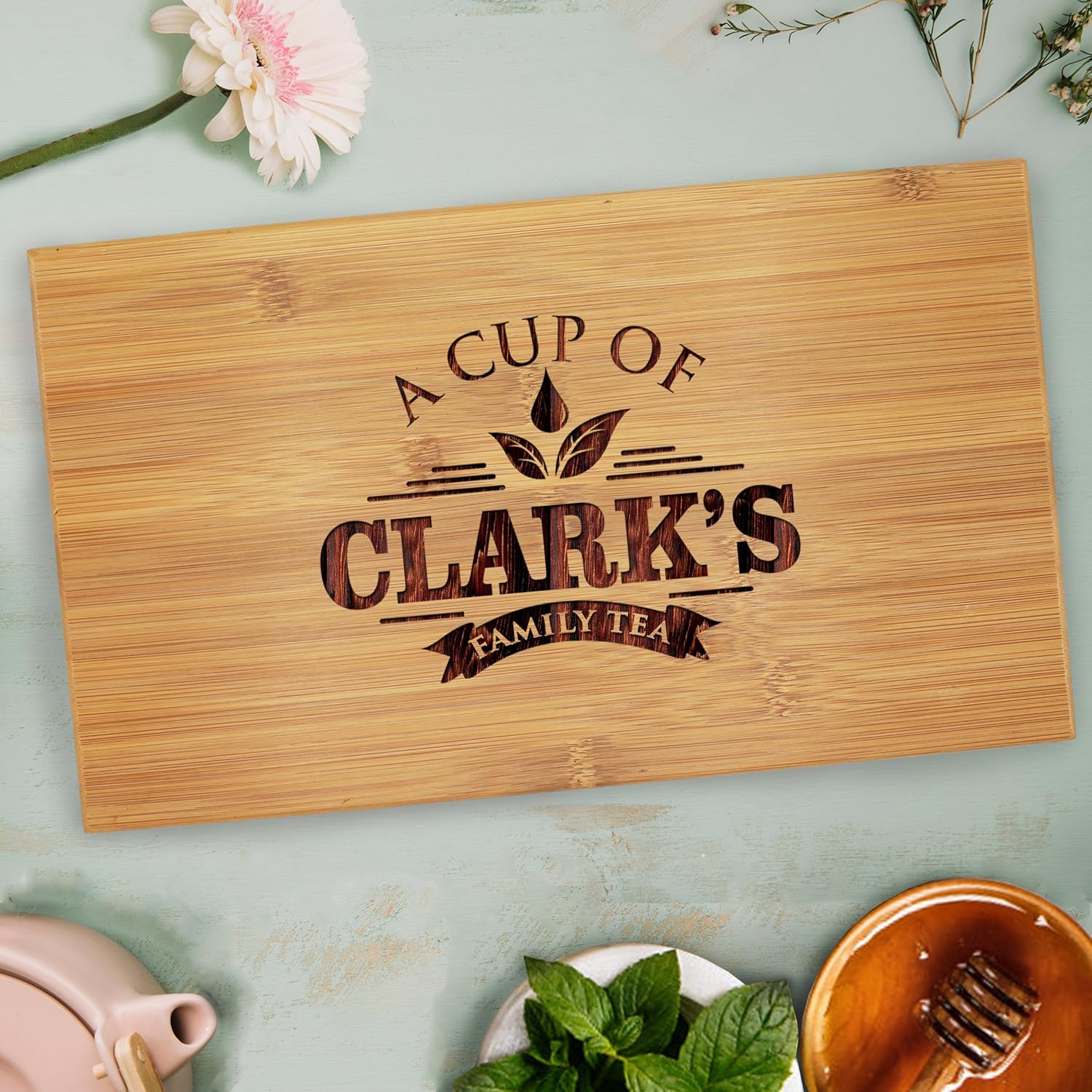 Custom Personalized Wood Tea Box Caddy Organizer - Engraved Bamboo Tea Storage Holder