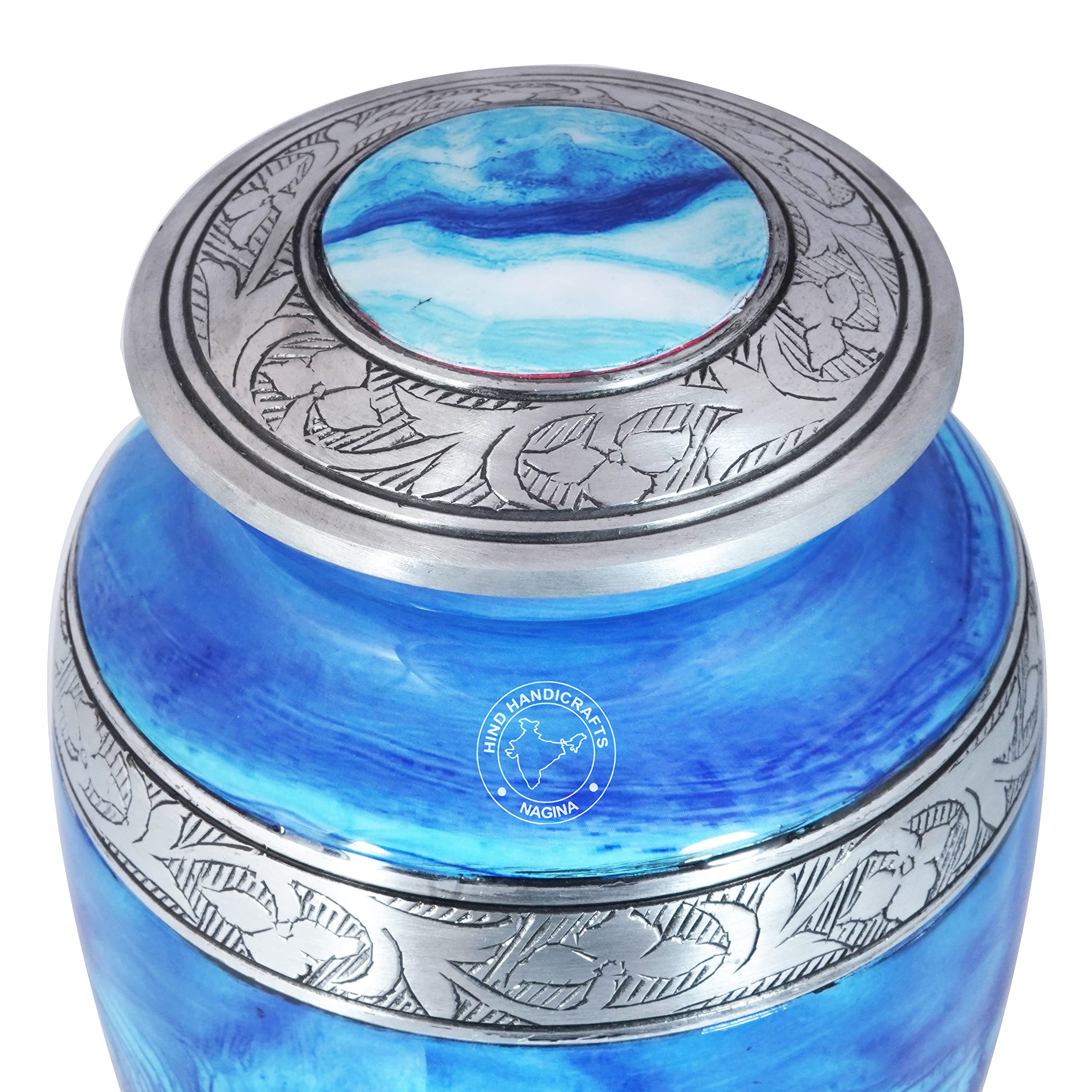 Urne funéraire florale gravée en argent pour cendres humaines adultes – Urne funéraire funéraire fabriquée à la main – Grande urne Columbarium – Sac inclus (bleu mer)
