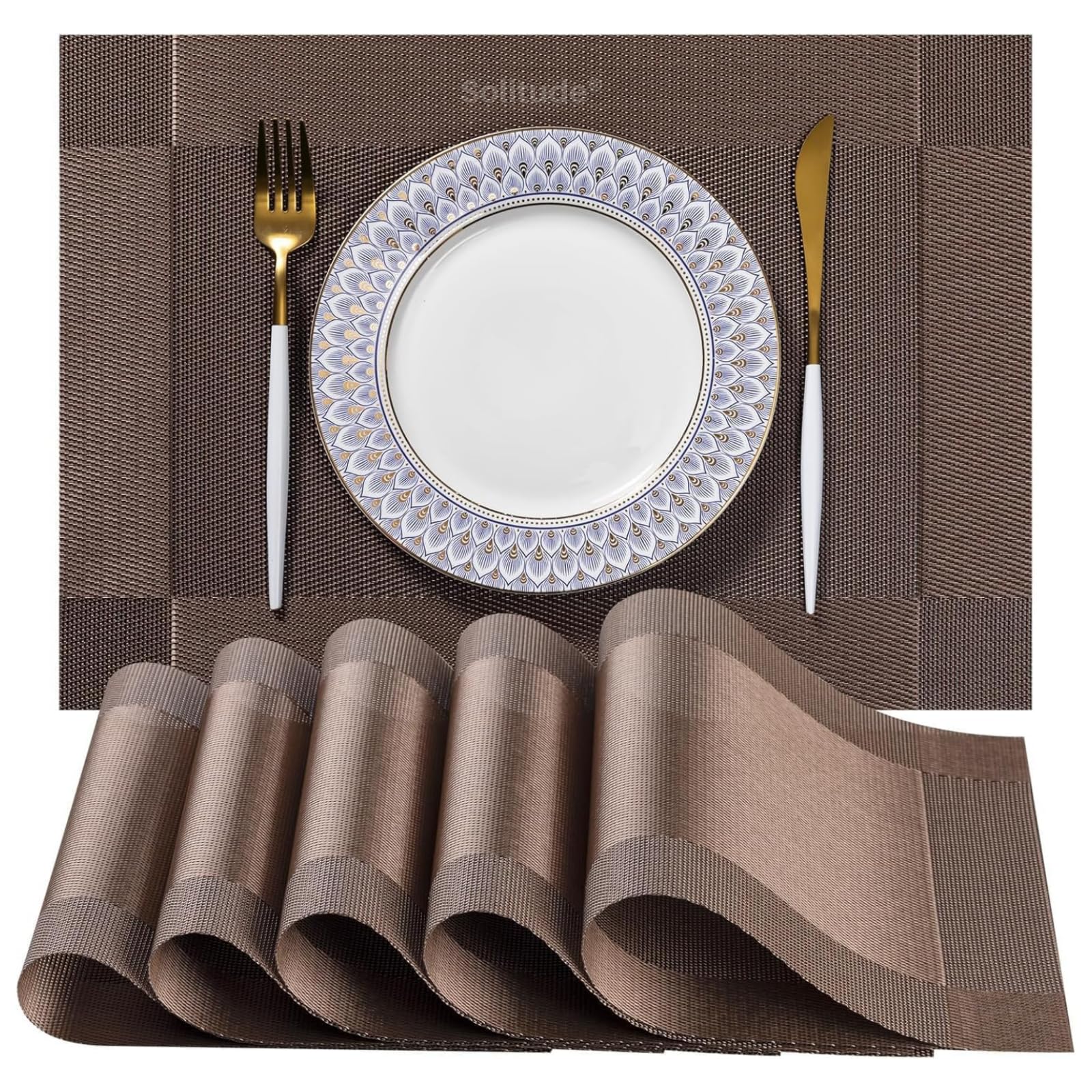 Solitude Placemats Set of 6 Dining Table Place Mats | Placemats Table Mat PVC Material | Non-Slip Heat Resistant | Dining Tablemates Washable Anti-Skid | Size 45 x 30 CM (Brown)