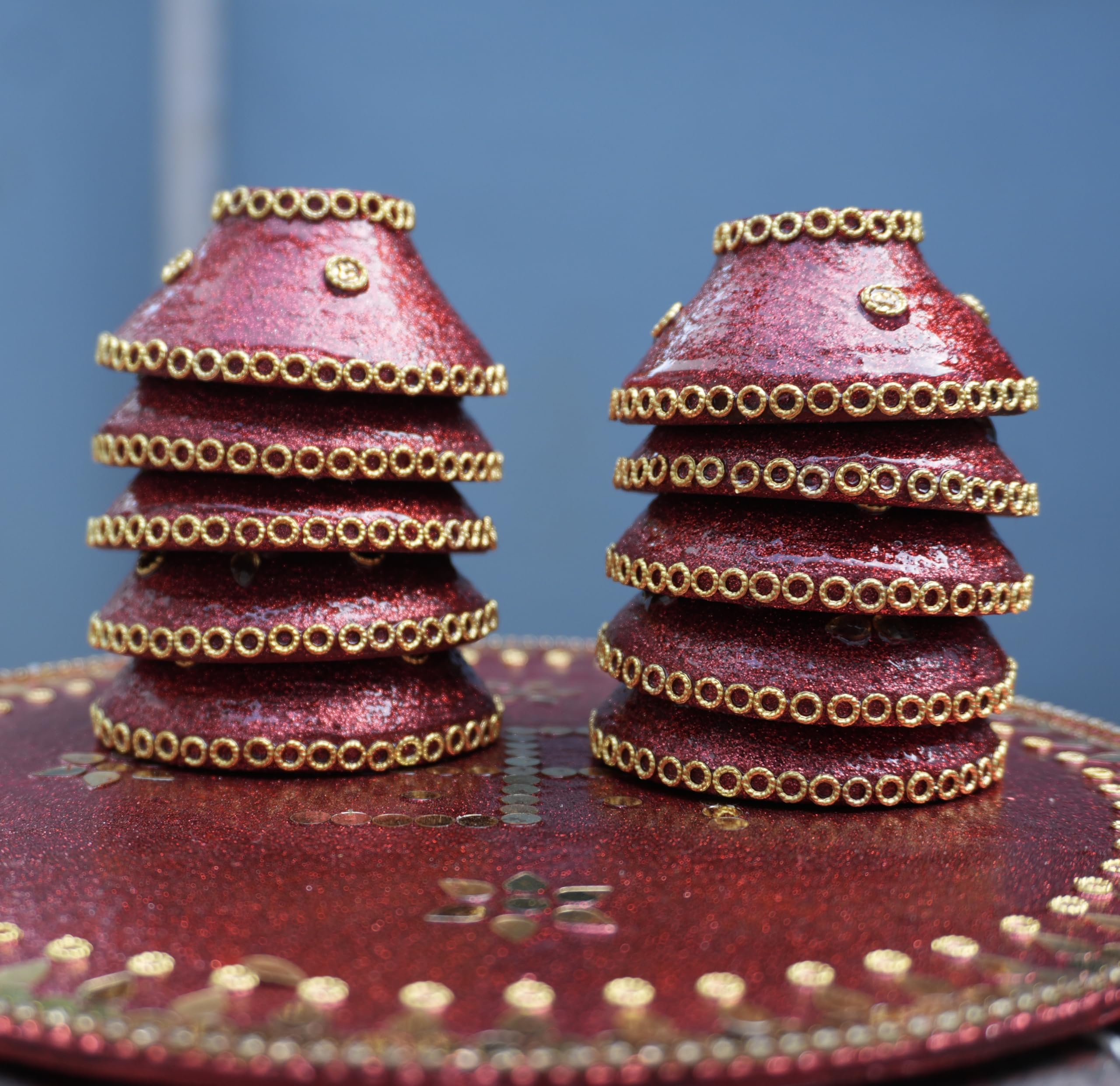 Handmade Terracotta Diya Red & Gold Glitter Decorated Set of 10 | Diwali & Pooja Use, Terracotta Clay, Gold Embellishment, Home Temple Decor, Festive Decoration-image-32