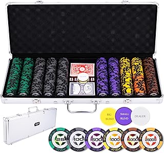Engelhart - 320921 – Poker-Set – Koffer aus versilbertem Metall – 500 Chips 14 g Erhöhung (25 bis 25000) + 2 Kartenspiele, 3 Croupier-Knöpfe, 5 Würfel