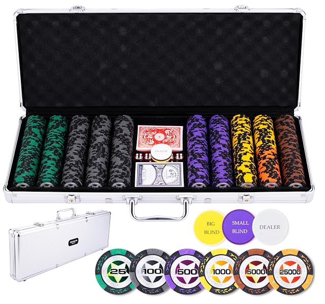 Engelhart - 320921 - Set de póker con maletín metálico Plateado, 500 fichas de 14 g numeradas (25 a 25000), 2…