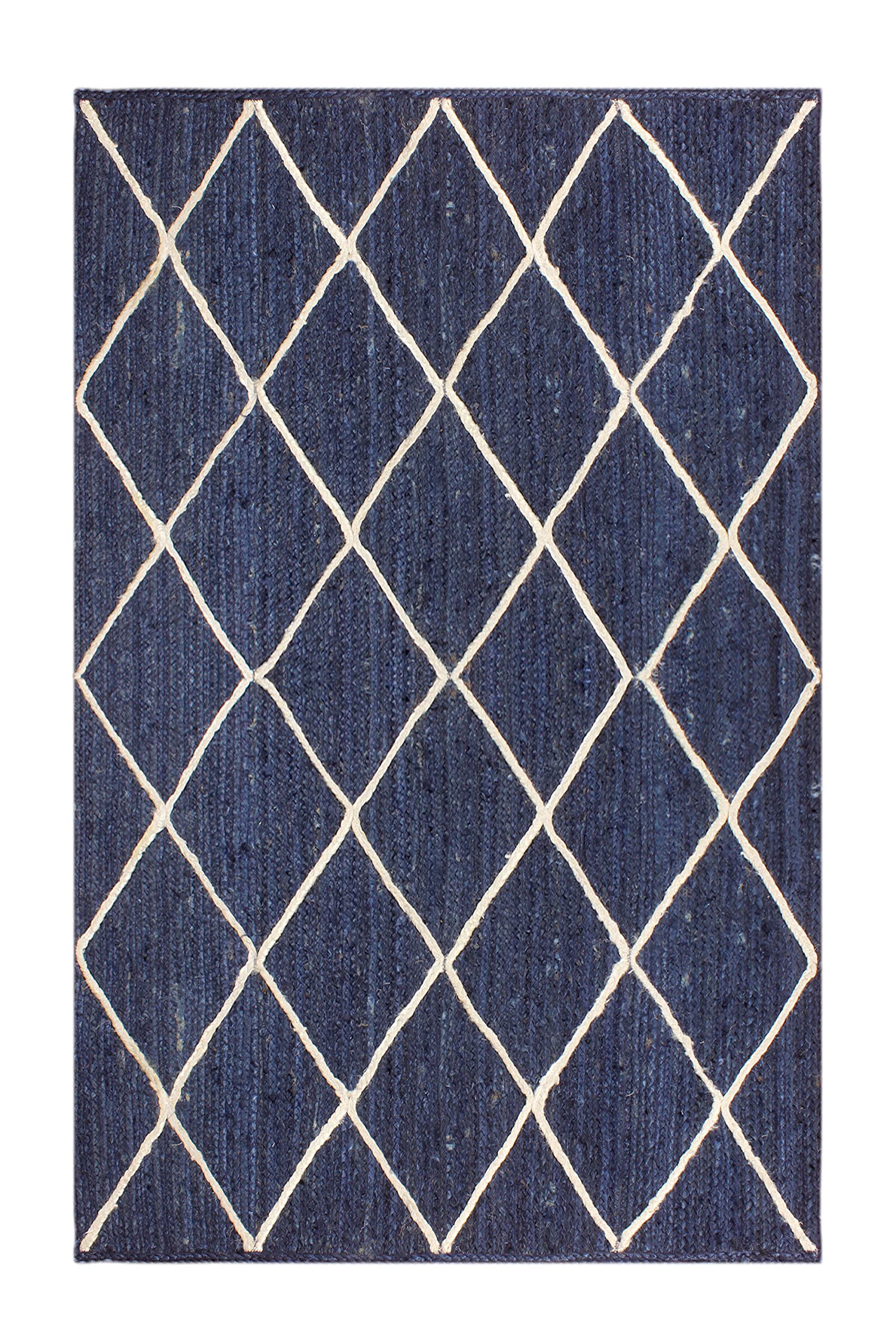 Tapis kilim tressé géométrique en jute 90x90 cm carré bleu et blanc pour salon