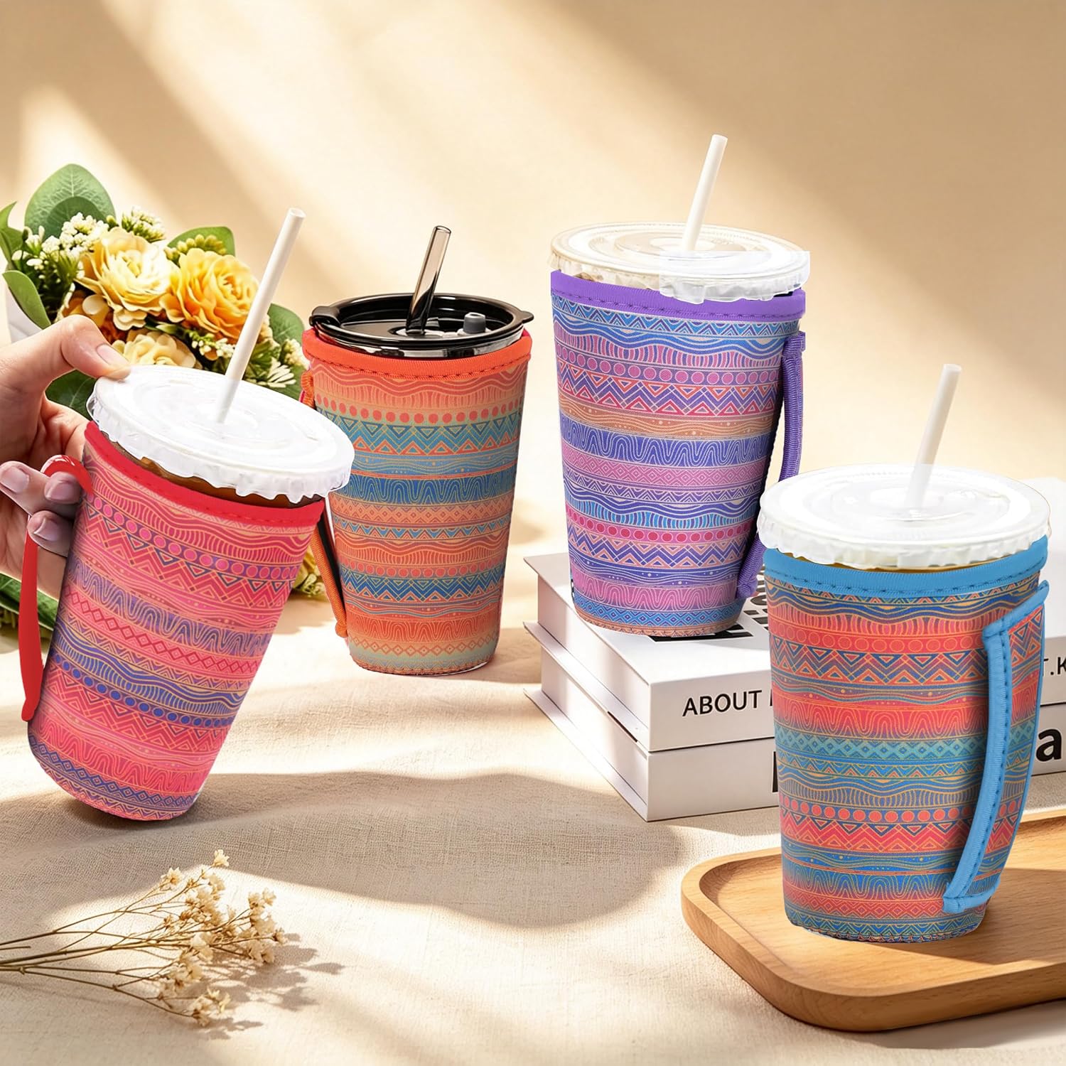 4 Pack Iced Coffee Sleeve,reusable Neoprene Cup Sleeves Suitable For Beverage Sleeves For Hot And Cold Coffee Or Ice Drink Coffee cup sleeve for Starbucks coffee cup (Bohemia 30-32 OZ)