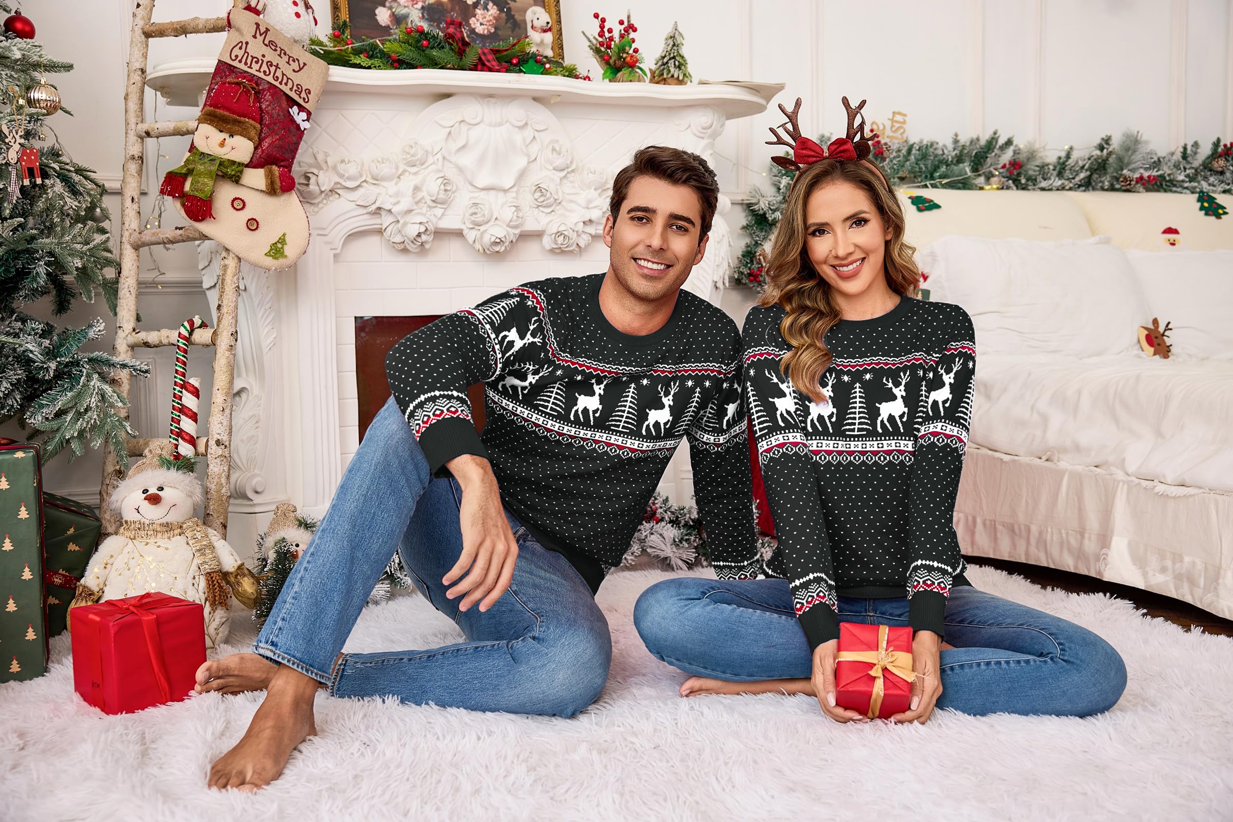 Aottori Familien Weihnachtspullover Damen für Weihnachtsfeiern Schwarz L | Weihnachtspulli Damen Langarm, Langarm im Weihnachtsstil, Warm Und Gemütlich im Winter, Als Partnerlook für Festtage
