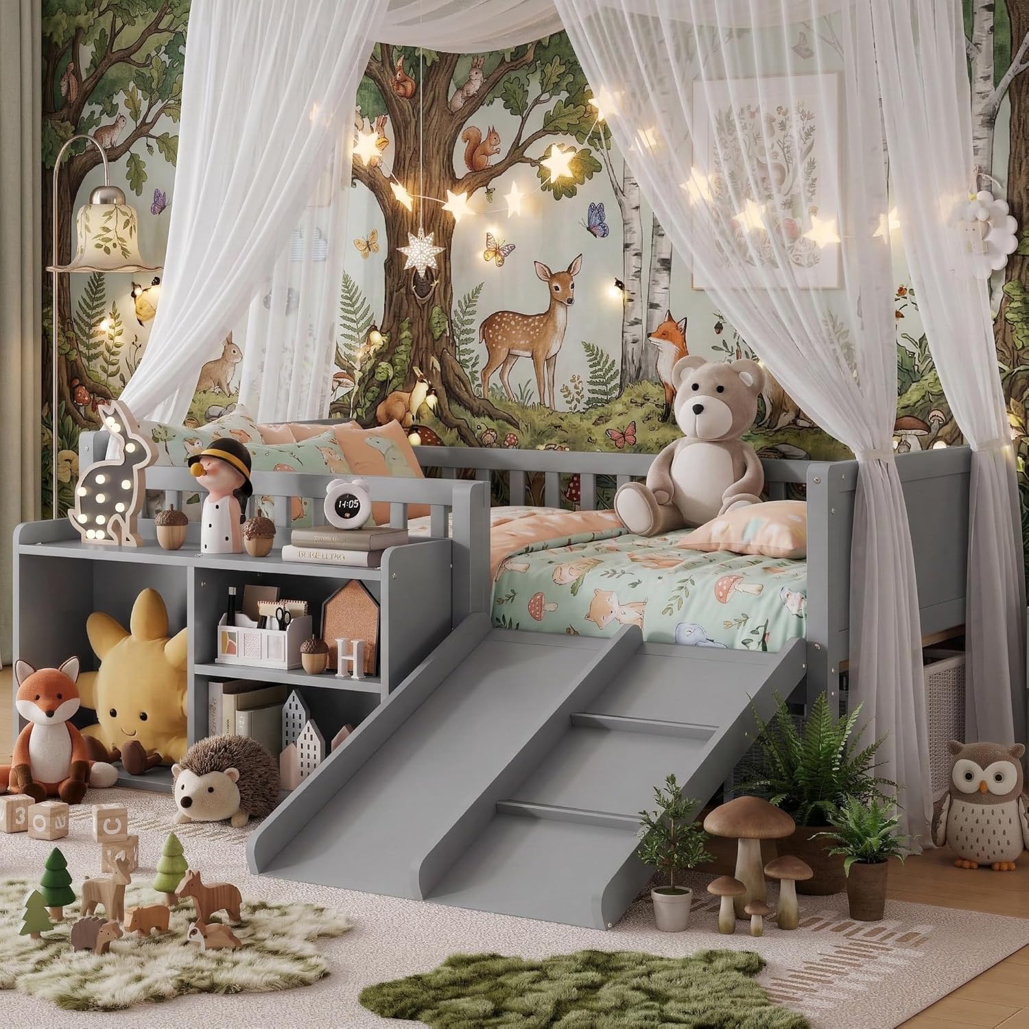 Twin Size Low Loft Bed with Slide & Ladder, Kids Loft Bed Frame with Movable Bookshelf Storage, Safety Guardrails, No Box Spring Needed, Easy Assembly (Grey)