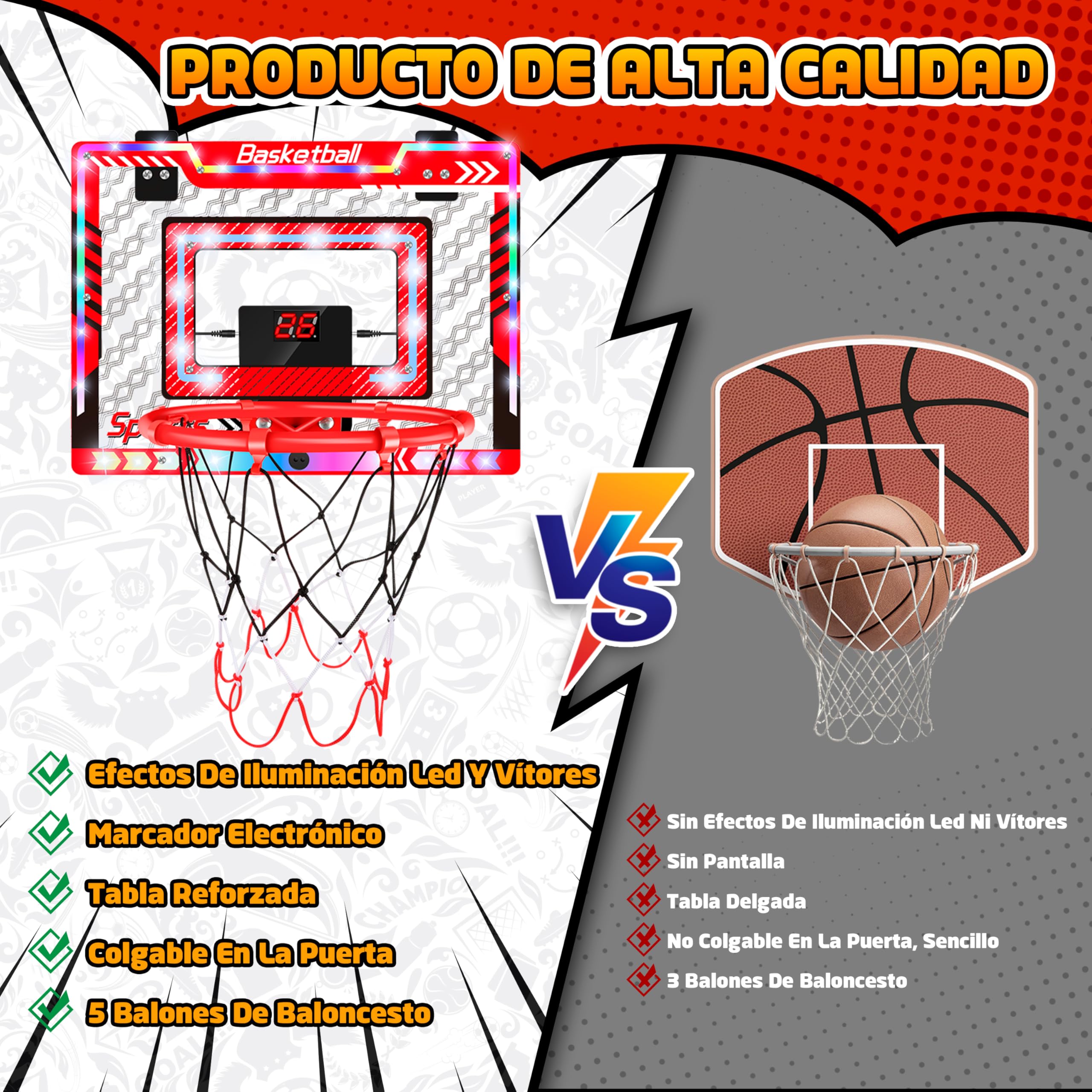 Charmofun Canasta de Baloncesto LED para Niños, Altura Ajustable 105-183 cm, Tablero de Basket Interior Exterior Juego con 6 Balón, Portátil con Base Ponderada, Regalos Juguetes para Niños 8+ Años