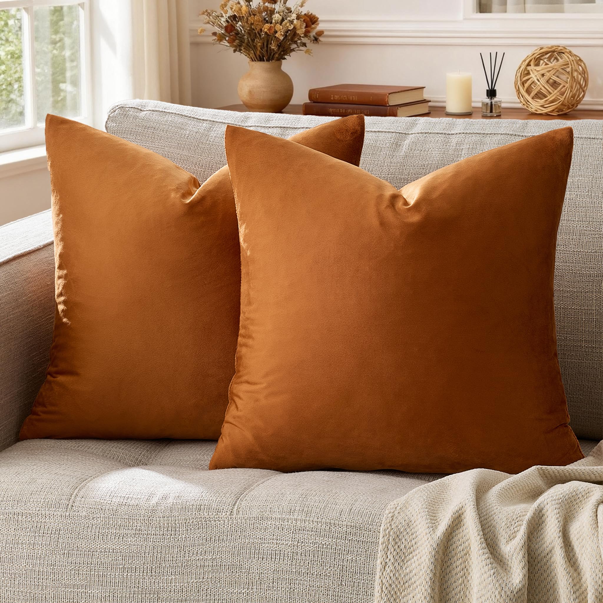 GIGIZAZA Throw Pillow Covers 22x22 Inch Dark Burnt Orange Velvet Pillows Decorative Covers Pack of 2 for Sofa Pillowcase Cushion Covers