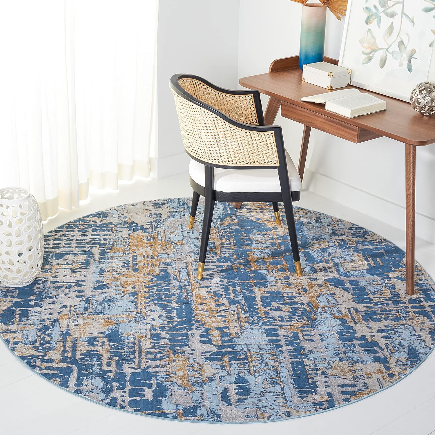 SAFAVIEH Lagoon Collection 6'7" Round Blue/Gold LGN174M Modern Abstract Non-Shedding Living Room Bedroom Area Rug