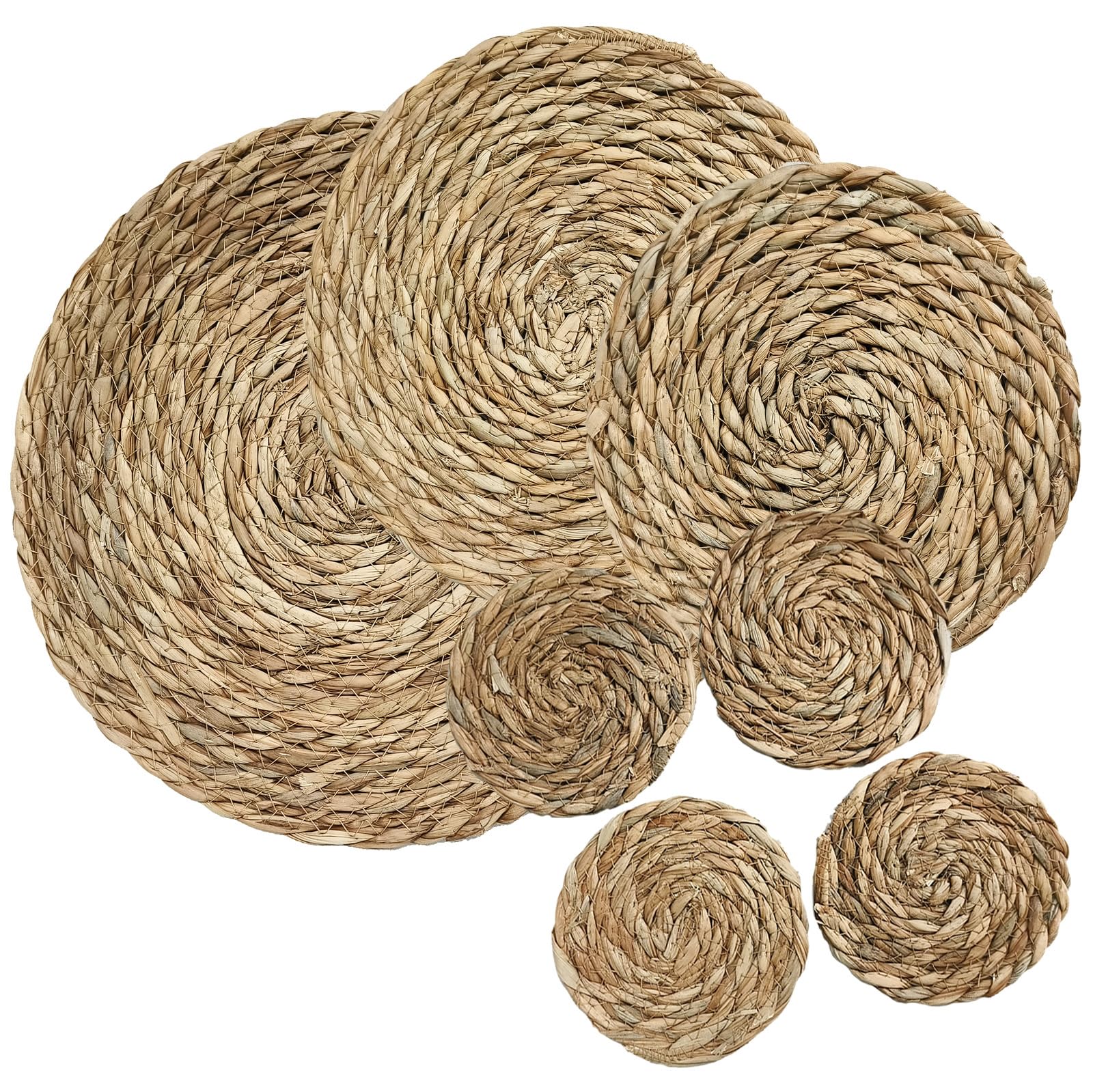 Round Woven Placemats Set of 7, Natural Hand-Woven Placemat and Coaster Set Table Decor, Chargers for Dinner Plates, Farmhouse Place Mats