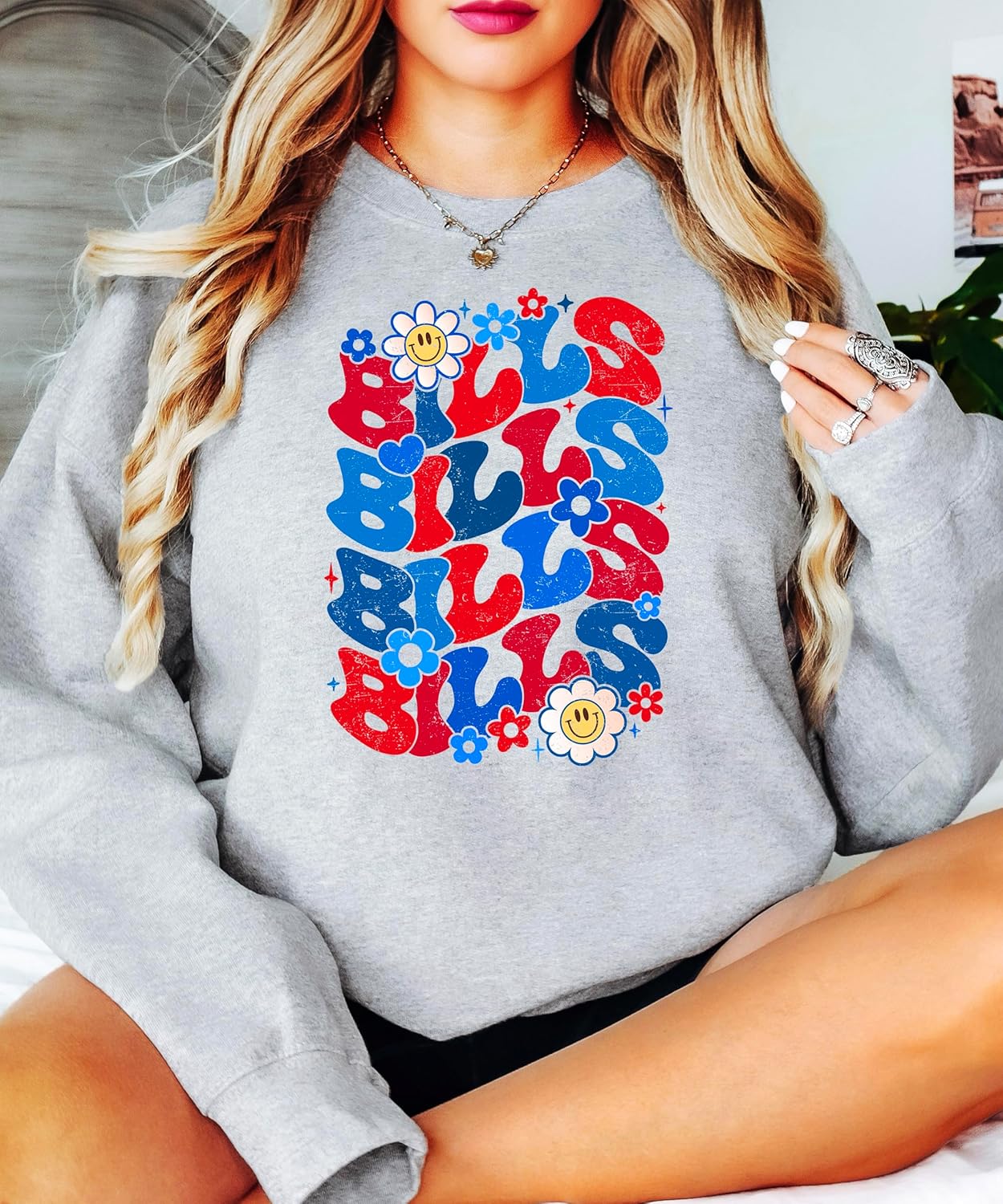 Olive Loves Apple Groovy Floral Bills Sweatshirt for Women Teens and Girls Red and Blue Team Pride Pullover