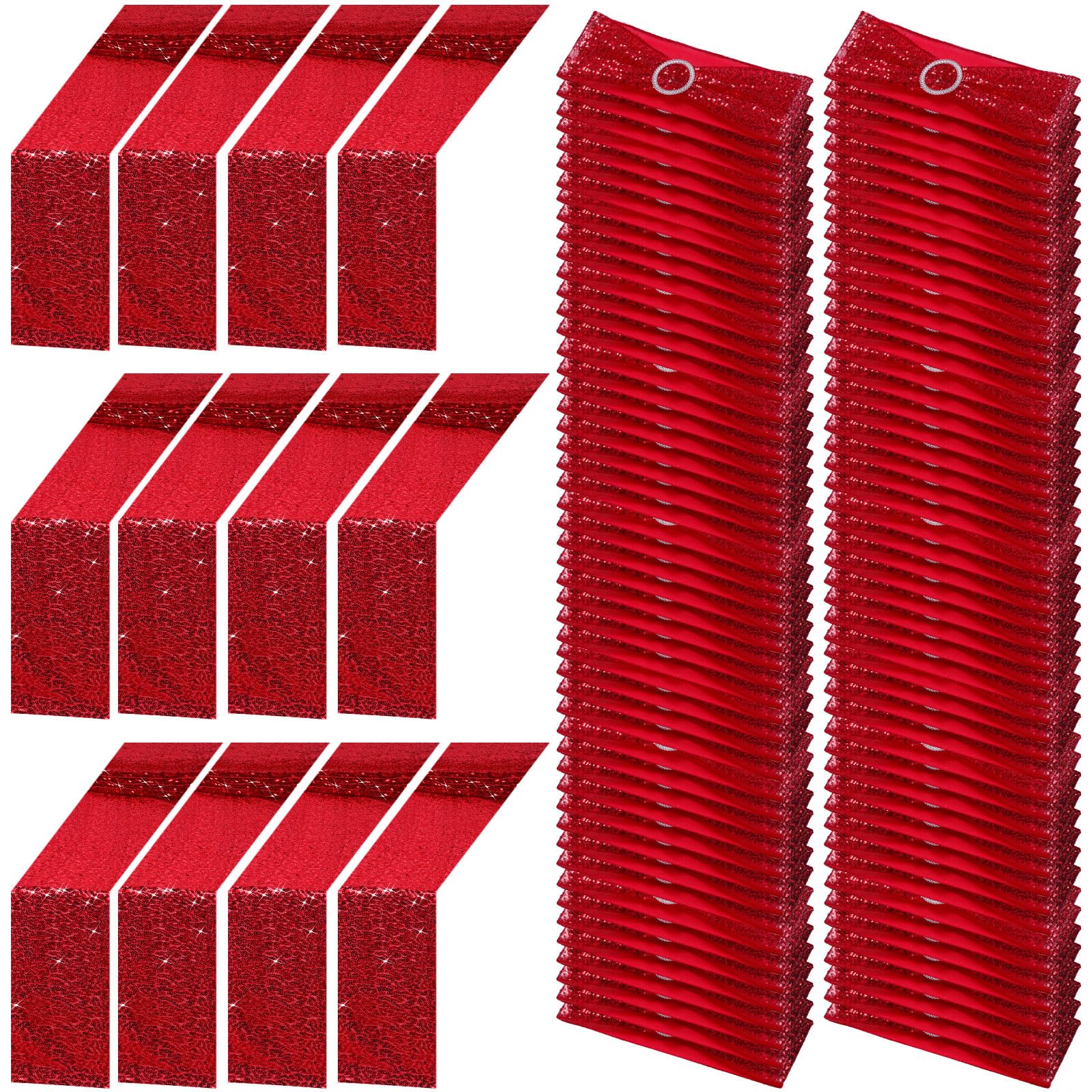 Newwiee 108 Pcs Red Sequin Chair Sashes and Table Runners, 96 Sequin Chair Bows, 12 Glitter Table Runners for Birthday Party Wedding Banquet Holiday