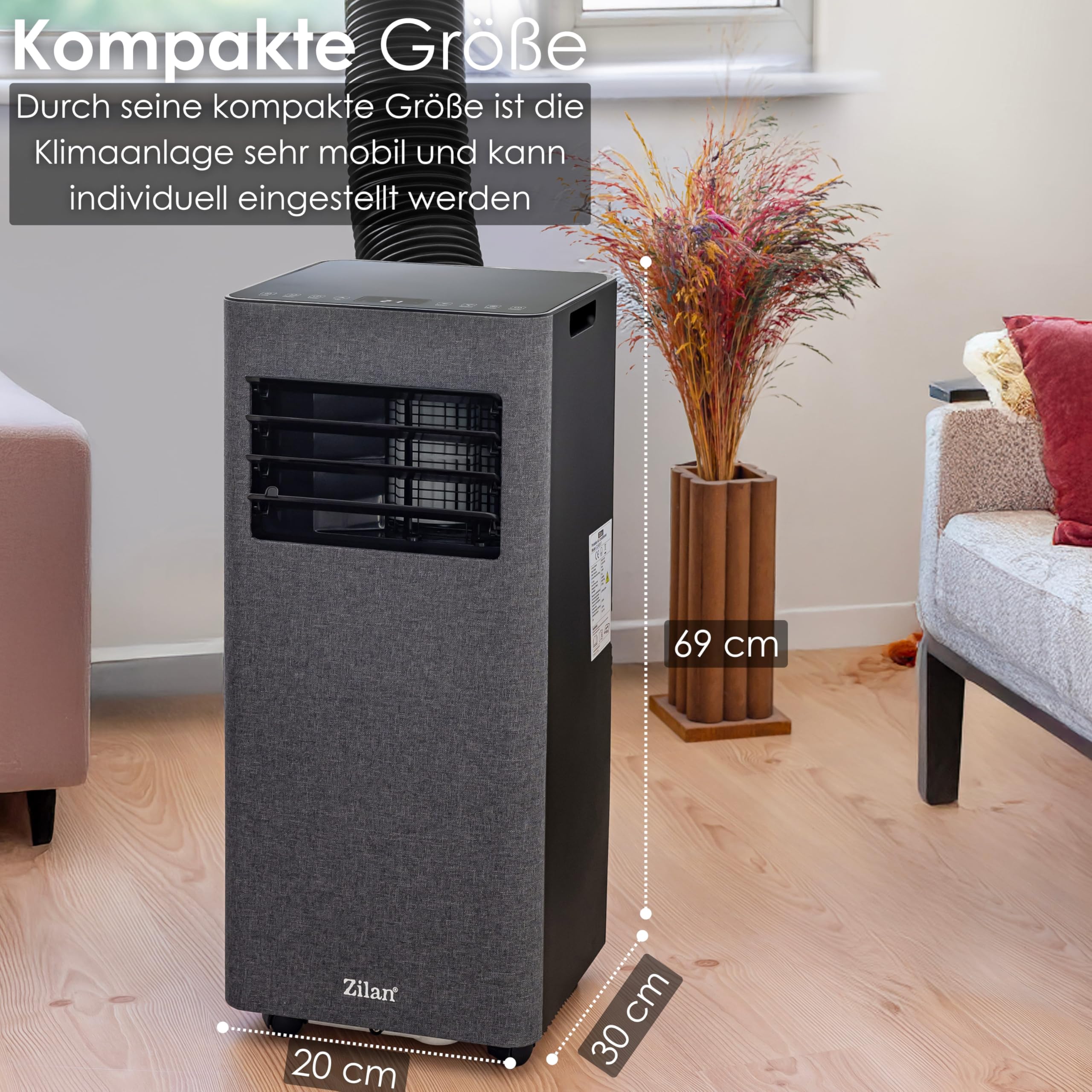 Zilan Mobile Klimaanlage 9000 BTU mit WLAN & Abluftschlauch, 3-in-1 Mobiles Klimagerät – Kühlen, Entfeuchten & Ventilator, leise, inkl. Fensterabdichtung & Fernbedienung, Timer, Wifi App-Steuerung