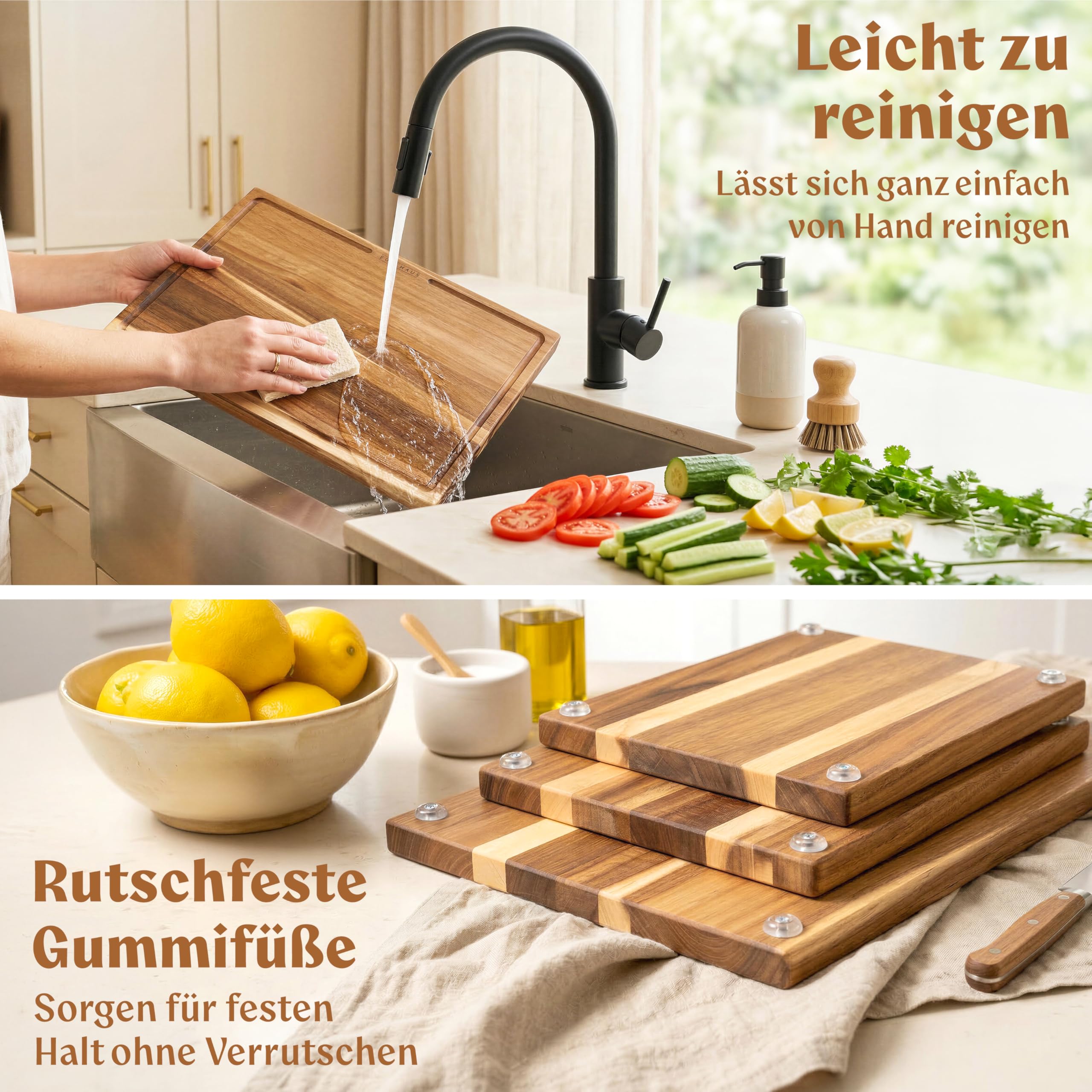 EDELHAUS Schneidebrett Holz 3er Set (40x30cm / 33x24cm / 26x18cm) Holzschneidebrett aus Massiver Akazie - 2cm dicke Holzbretter Küche mit Saftrille - Design Cutting Board Schneidbrett Set