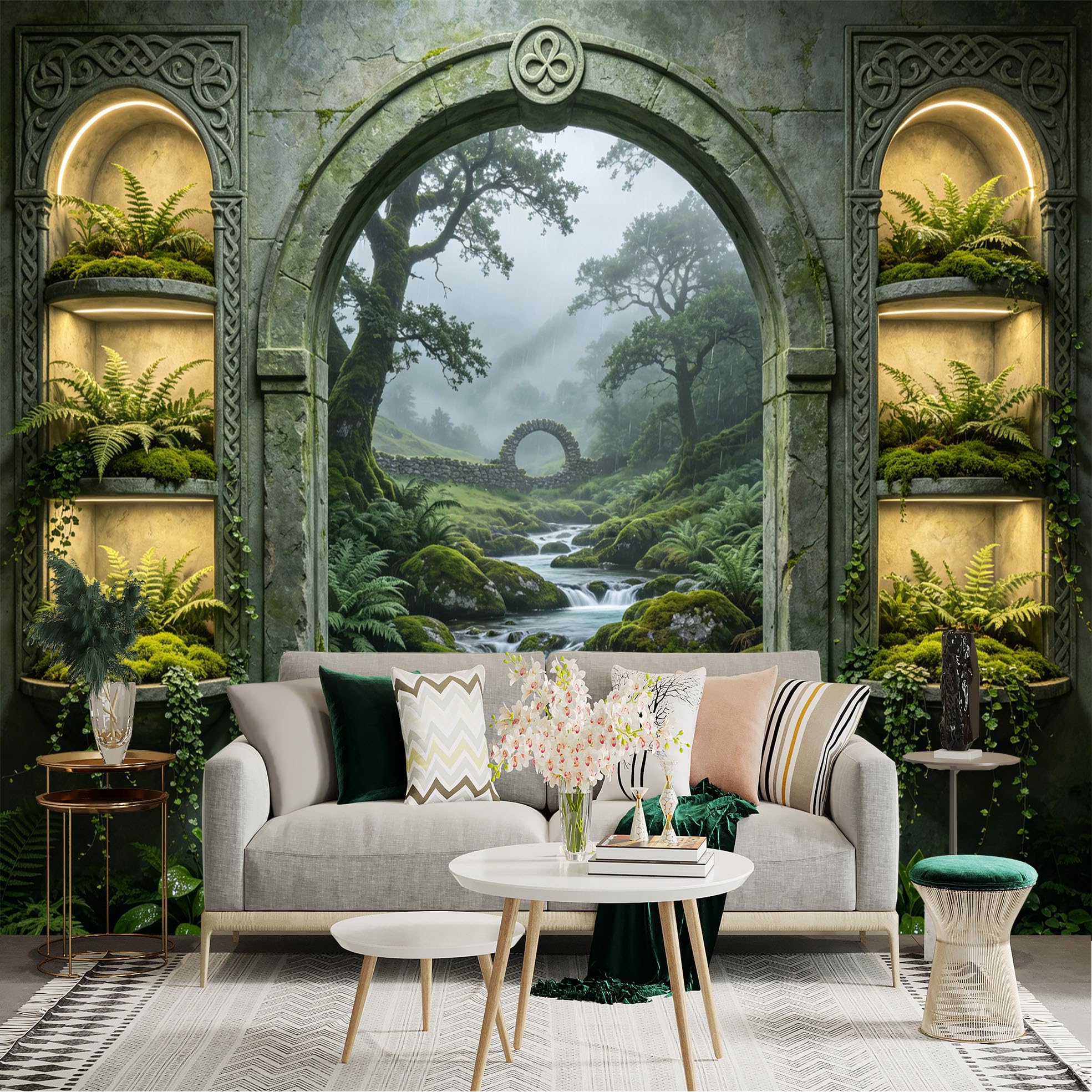 Lnzczhyre Dbh260521511 Custom Size Wall Sticker Mural， Ancient Stone Archway With Mossy Forest Stream， Lush Ferns And Glowing Shelves， For Wall Decoration， Peelandstick Wall Decals.
