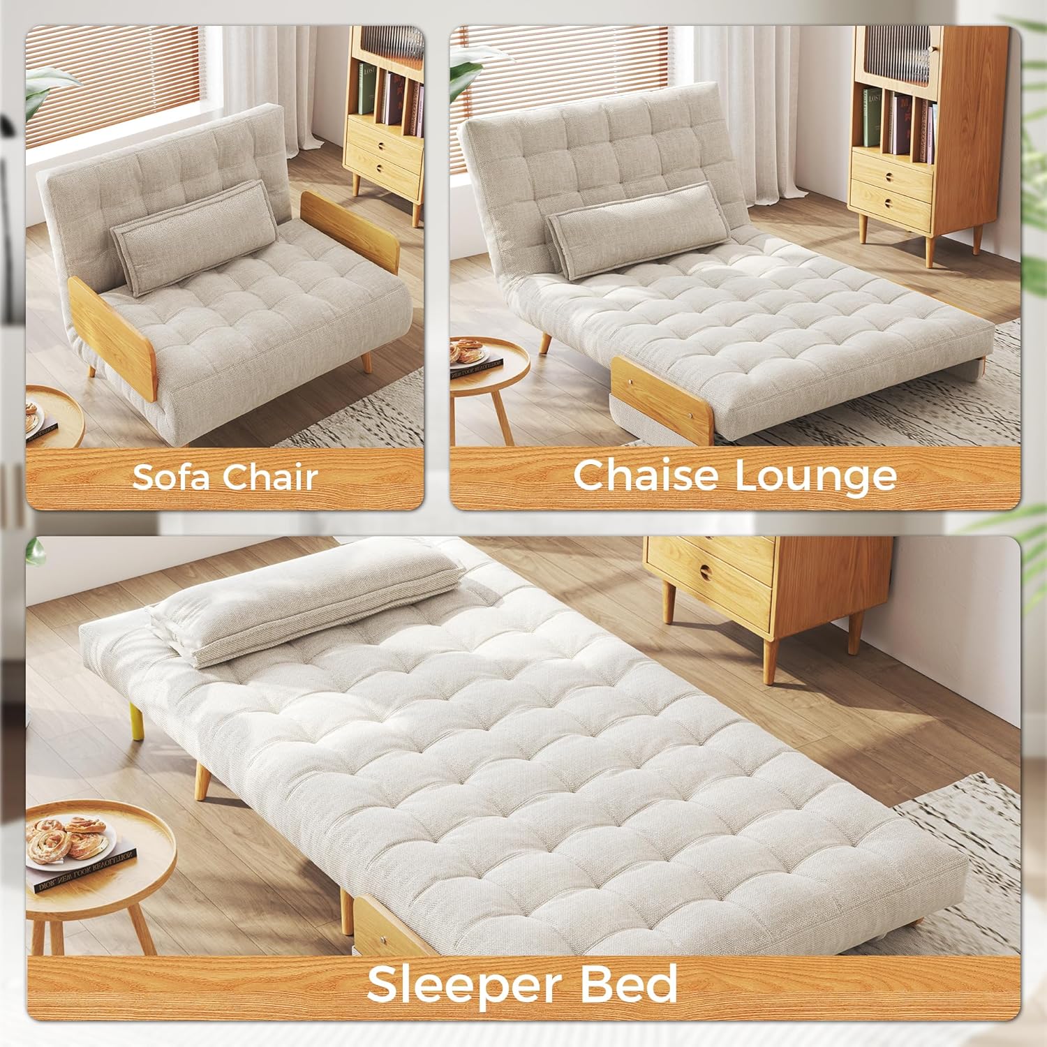 3-in-1 Convertible Chair Bed Sleeper for Adults, Linen Convertable Sleeper Chair with Wooden Arms & Pillows, Foldable Single Futon Sofa Bed for Small Spaces, Mid Century, 76.6" D x 36.6" W Mid-century 36.6" W Sleeper Chair