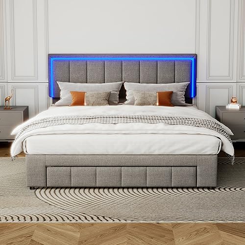 Miniatura 3 de CNANXU Cama tapizada con luces LED y 2 luces nocturnas activadas por movimiento marco de cama de almacenamiento tamaño Queen con cajones base de