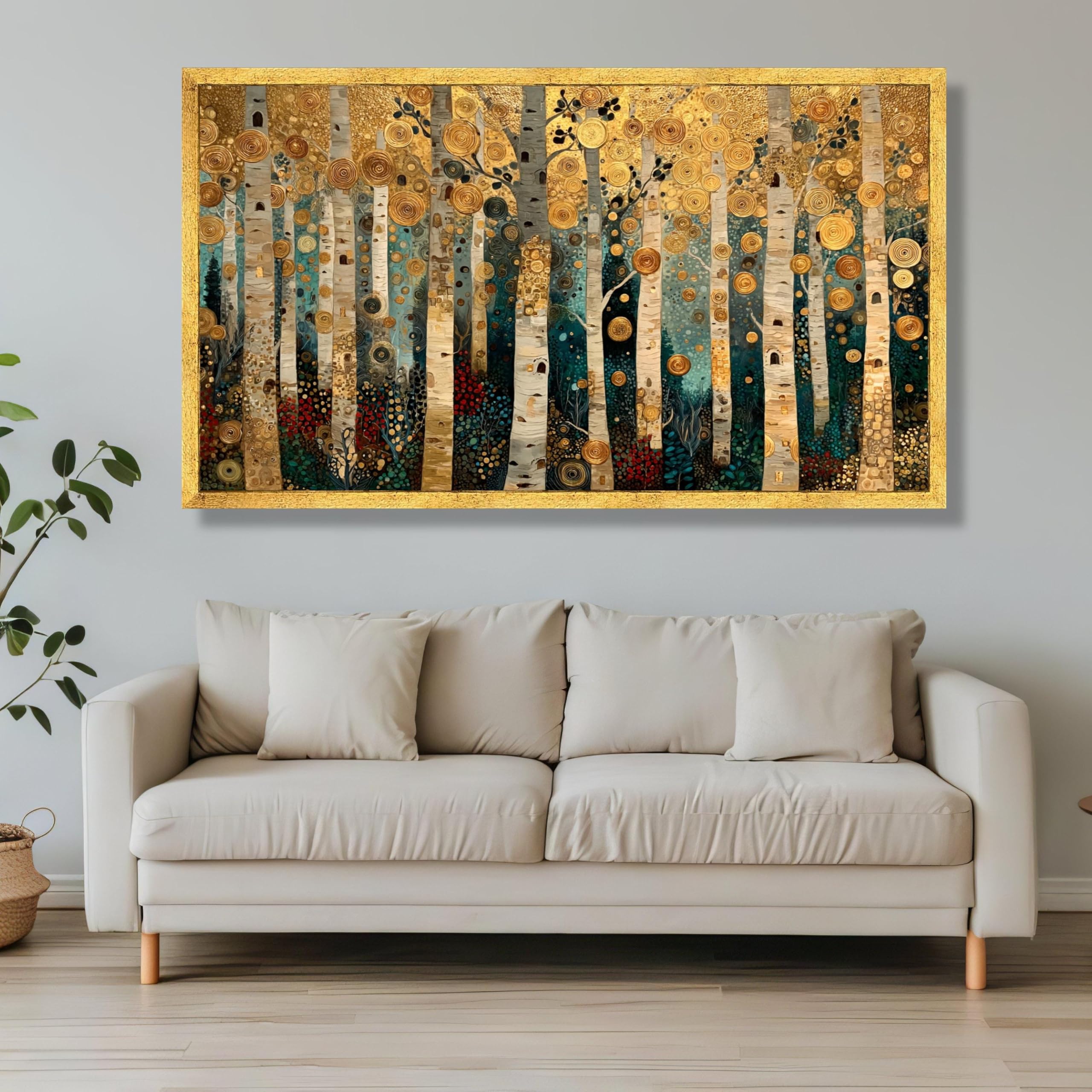 TONGYINLI Classic Birch Trees Canvas Oil Painting, Gold Leaf Forest Wall Art, Abstract Landscape Posters and Prints, Home Decor(65x120cm/Frameless)
