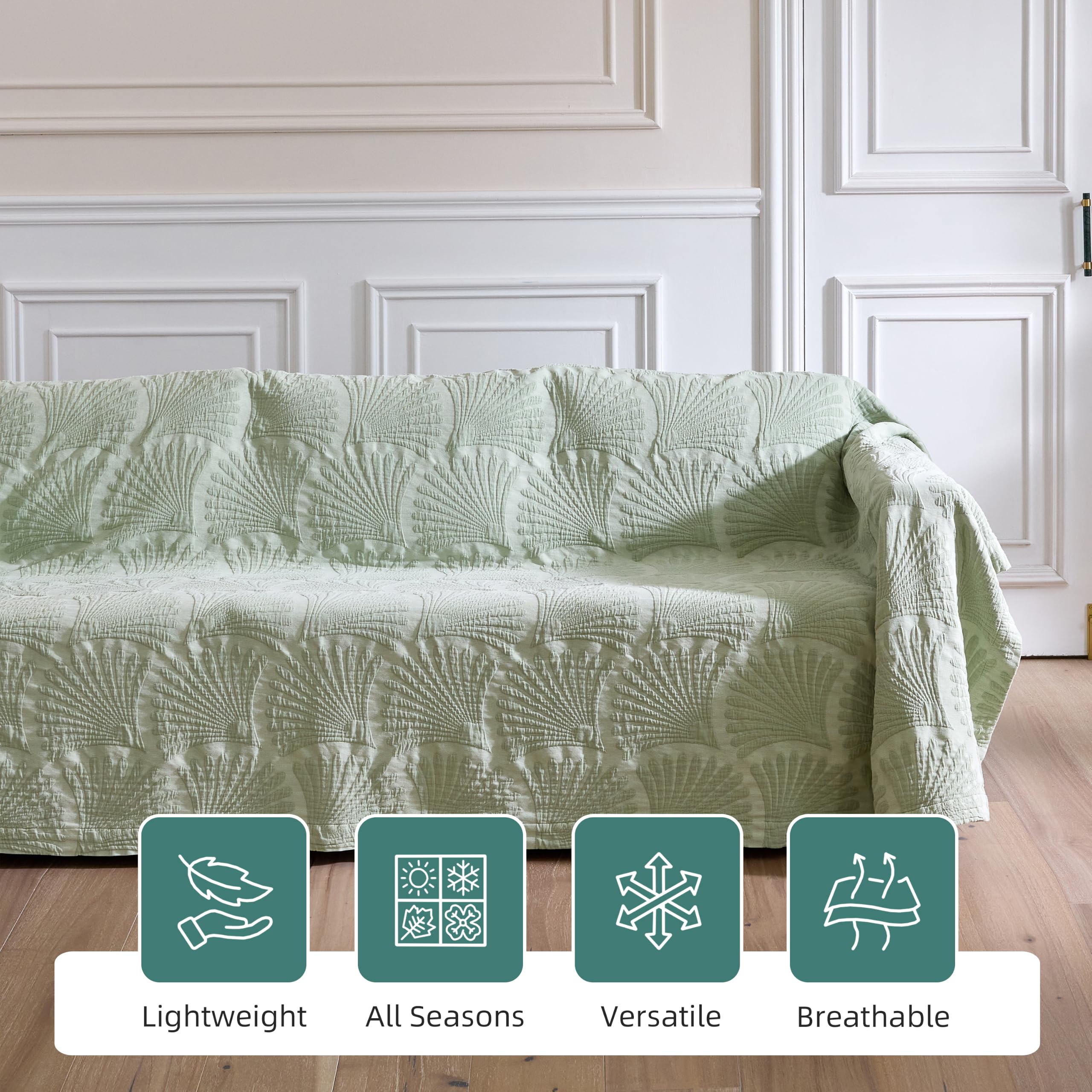 Talasily Tagesdecke 100% Baumwolle 150x200cm, Minimal Muschel-Jacquard-Decke, Kuscheldecke Boho Decke Sommedecke, kuschelige Sofadecke & Bettüberwurf für Wohnzimmer Grün